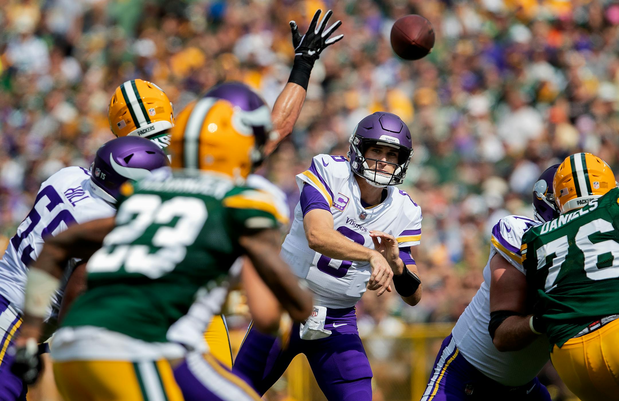 Kirk Cousins attempted a pass in the first quarter. ] CARLOS GONZALEZ � cgonzalez@startribune.com � September 16, 2018, Green Bay, WI, Lambeau Field, NFL, Minnesota Vikings vs. Green bay Packers
