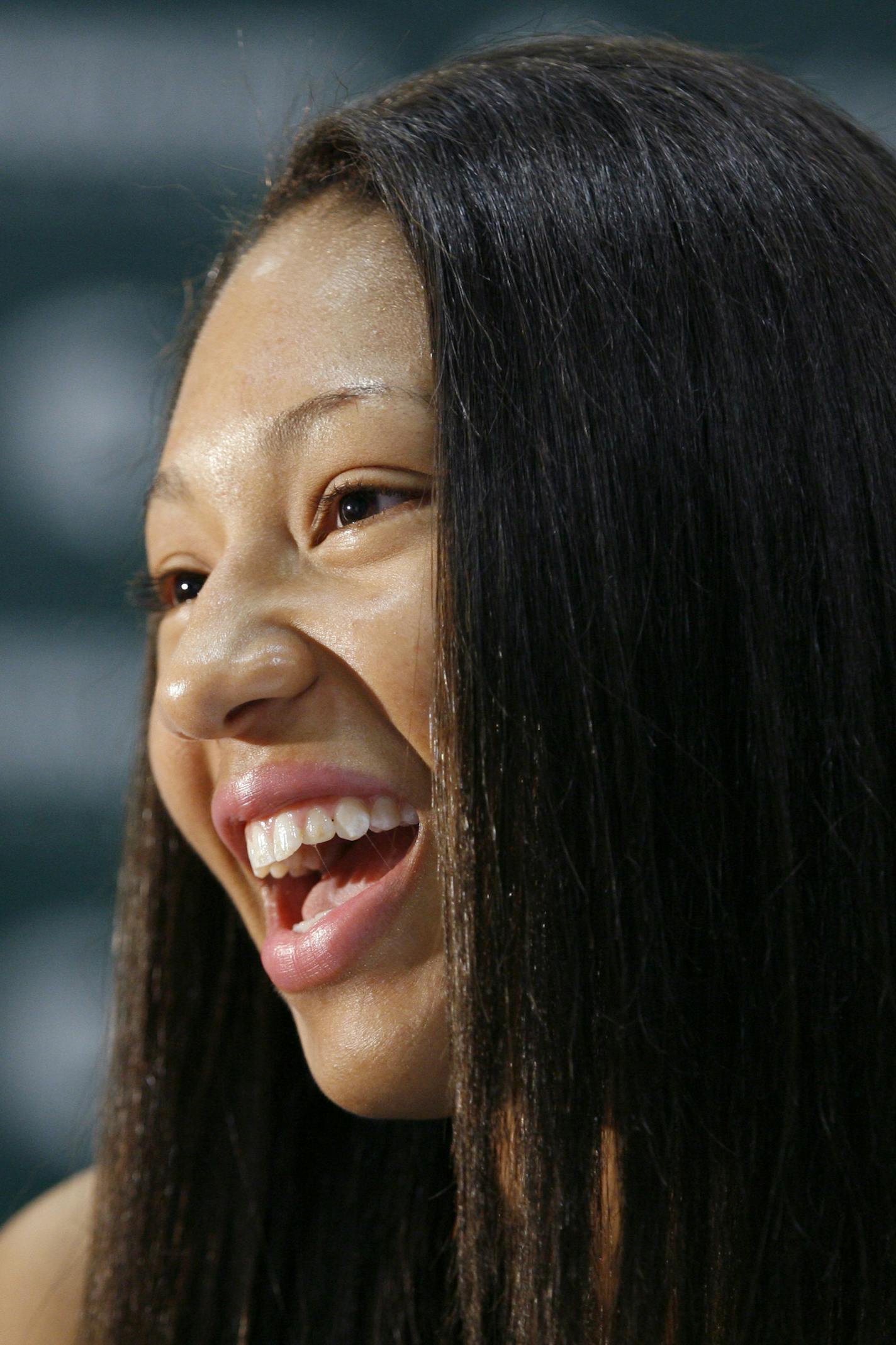 Michigan State's Aerial Powers laughs while being interviewed during the team's NCAA college basketball media day, Monday, Oct. 8, 2012, in East Lansing, Mich. (AP Photo/Al Goldis) ORG XMIT: MIAG104