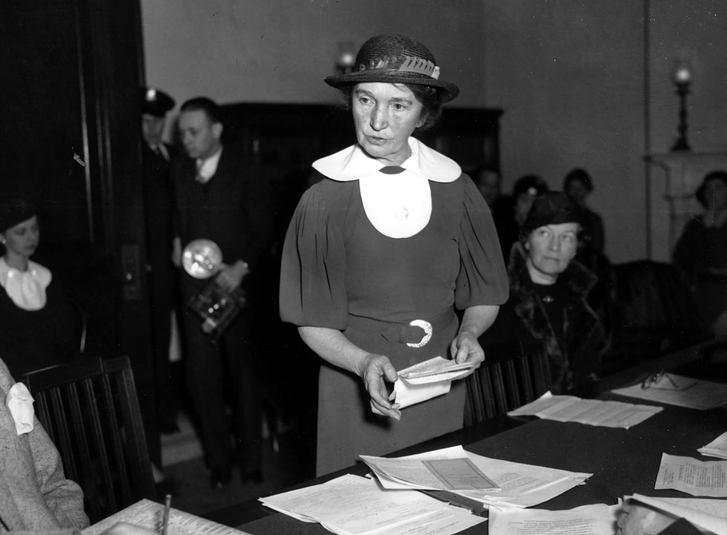 FILE - In this March 1, 1934 file photo, Margaret Sanger, who founded the American Birth Control League in 1921, speaks before a Senate committee to advocate for federal birth-control legislation in Washington. Planned Parenthood of Greater New York is removing Sanger's name from a Manhattan clinic because of the birth control pioneer's ties to the eugenics movement, the organization announced Tuesday, July 21, 2020. (AP Photo, File)