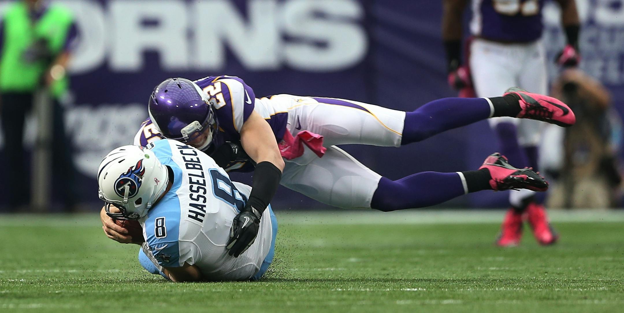 Vikings free safety Harrison Smith stopped Titans quarterback Matt Hasselbeck from picking up a first down Sunday.