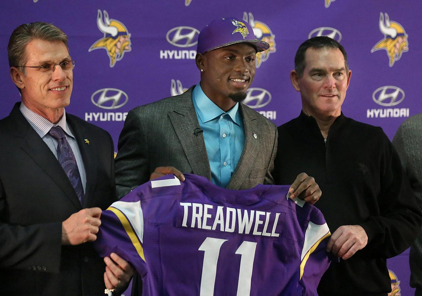 The Vikings' first round draft pick Laquon Treadwell was introduced Friday at Winter Park. With Treadwell were General Manager Rick Spielman, left, and head coach Mike Zimmer.