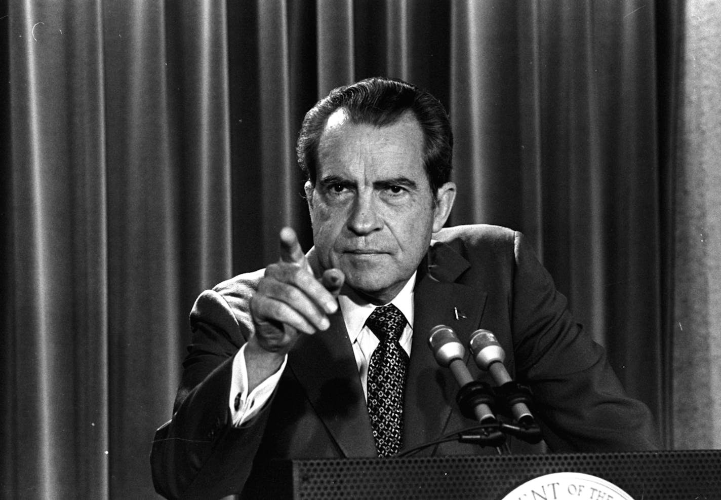 FILE - In this March 15, 1973 file photo, President Nixon tells a White House news conference that he will not allow his legal counsel, John Dean to testify on Capitol Hill in the Watergate investigation and challenged the Senate to test him in the Supreme Court. (AP Photo/Charles Tasnadi, File)