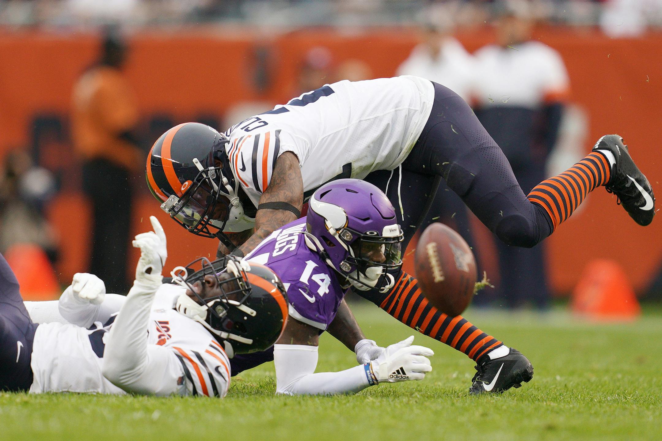 Minnesota Vikings wide receiver Stefon Diggs (14) fumbled the ball after completing a pass in the second quarter. ] ANTHONY SOUFFLE • anthony.souffle@startribune.com The Minnesota Vikings played the Chicago Bears in an NFL football game Sunday, Sept. 29, 2019 at Soldier Field in Chicago.