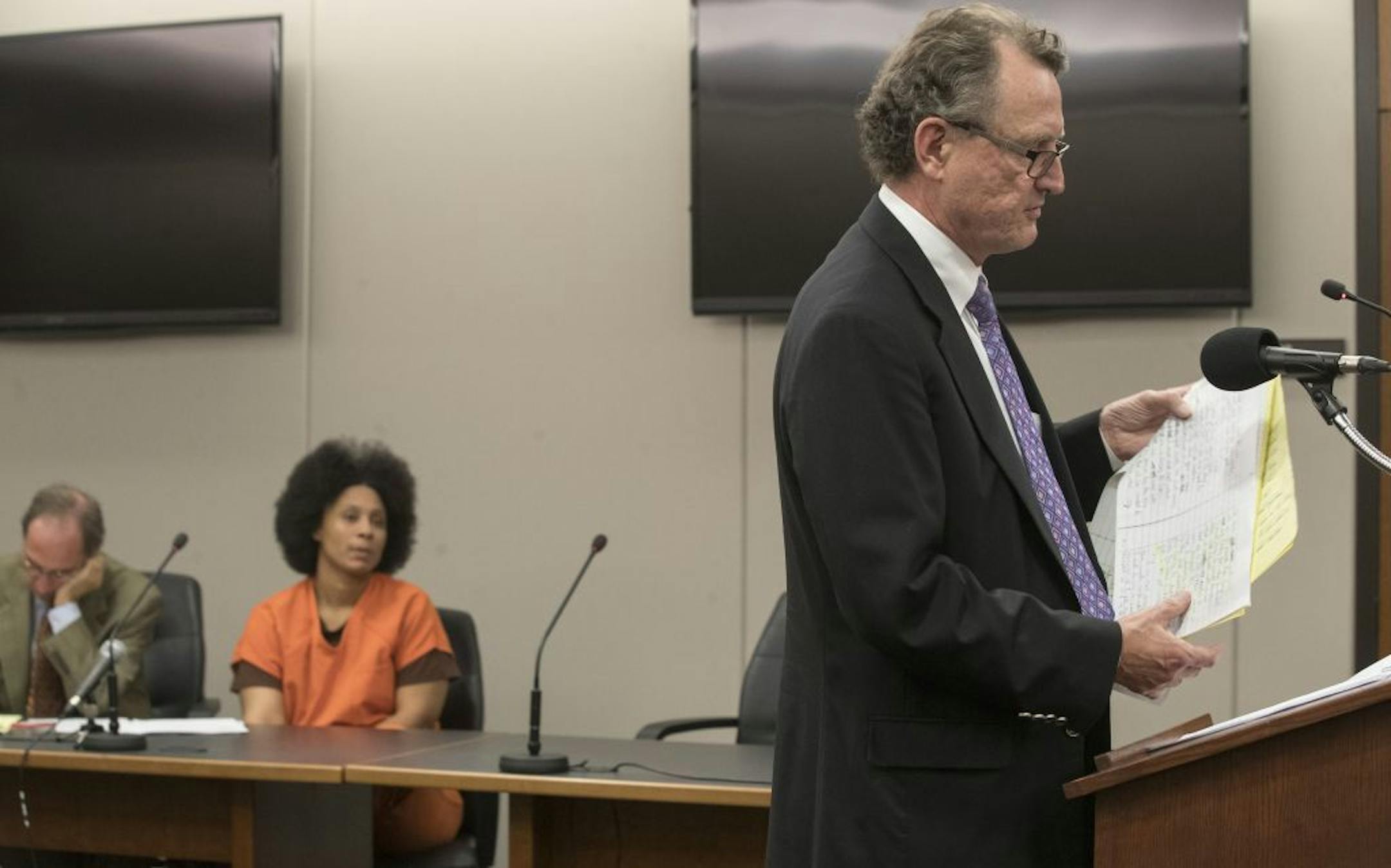 Stephen Tillitt right read a letter written by his son Luke Tillitt who died of a heroin overdose during a victim impact statement during the sentencing of Beverly Burrell. Burrell at left was with her with her attorney Craig Cascarano Thursday September 28,2017 in Minneapolis, MN.