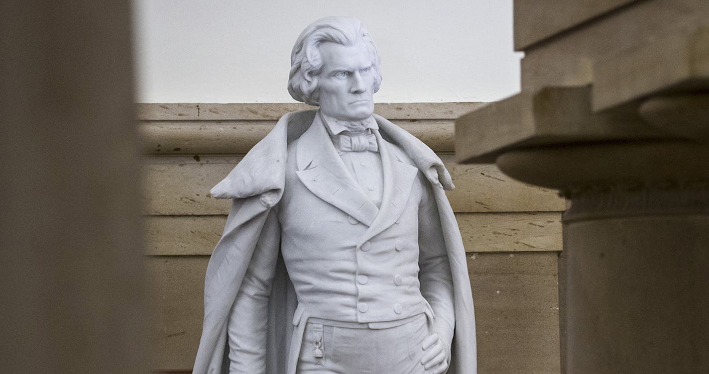 A statue of John C. Calhoun, a pre-Civil War, 19th century South Carolina statesman and slavery supporter, at The Capitol building in Washington, June 24, 2015. Almost overnight, the push to remove Confederate symbols has become a bit like the rush to support same-sex marriage. (Zach Gibson/The New York Times) ORG XMIT: MIN2015062510362421