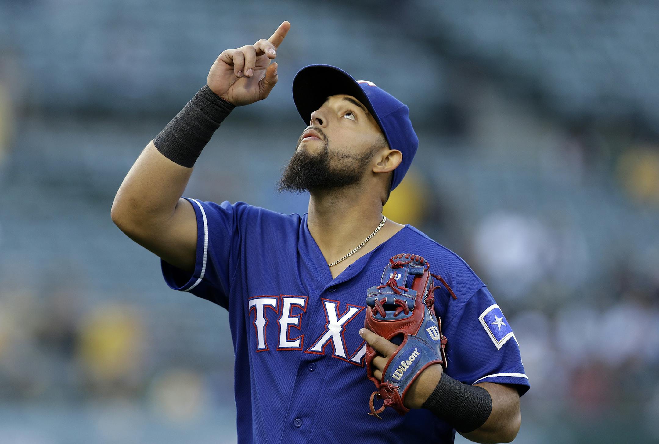 Texas Rangers' Rougned Odor gestures prior to a baseball game against the Oakland Athletics, Monday, May 16, 2016, in Oakland, Calif. (AP Photo/Ben Margot)