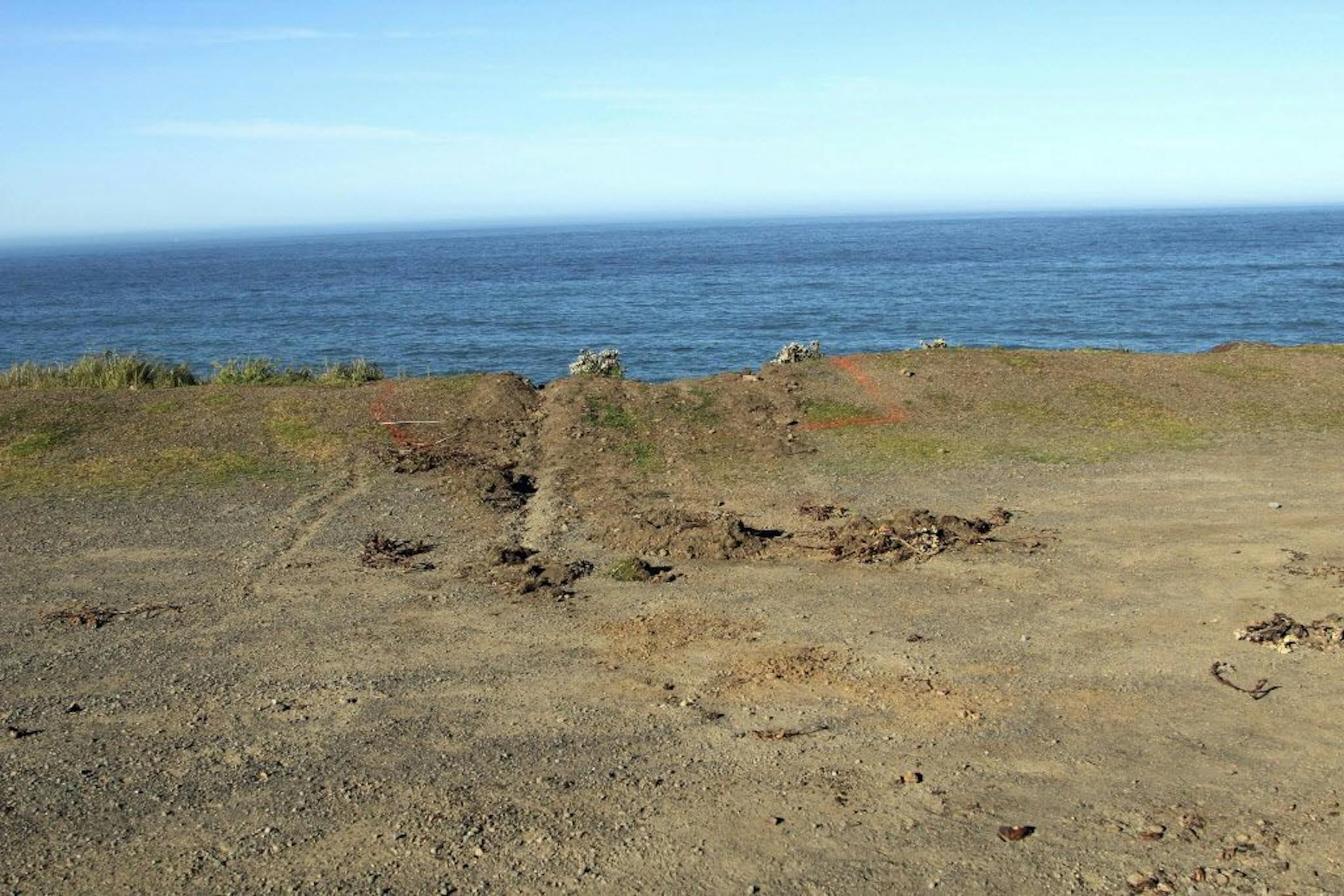 This photo shows ruts cut into the clifftop Thursday, March 29, 2018, where the SUV of Jennifer and Sarah Hart that went off the cliff was hauled up and over by a tow truck Monday off the Pacific Coast Highway near Westport, Calif. Investigators have yet to determine the cause of the crash and said there is no reason so far to believe it was intentional. But they also said Thursday there were no skid marks or signs the driver braked as the GMC Yukon crossed a flat dirt pull-off area and went ove