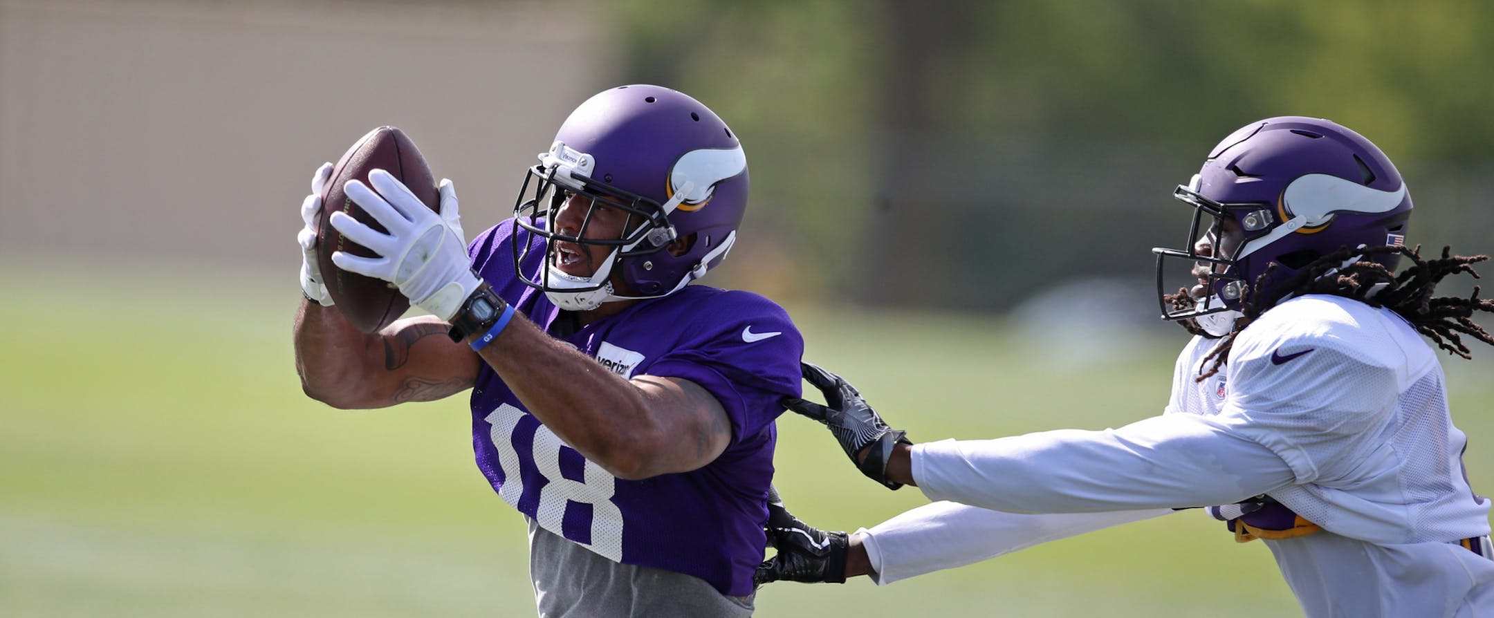 Minnesota Vikings wide receiver Michael Floyd (18) caught a pass over free safety Anthony Harris (41) during practice at Minnesota State University Mankato Sunday July 30, 2017 in Mankato , MN. ] JERRY HOLT ï jerry.holt@startribune.com