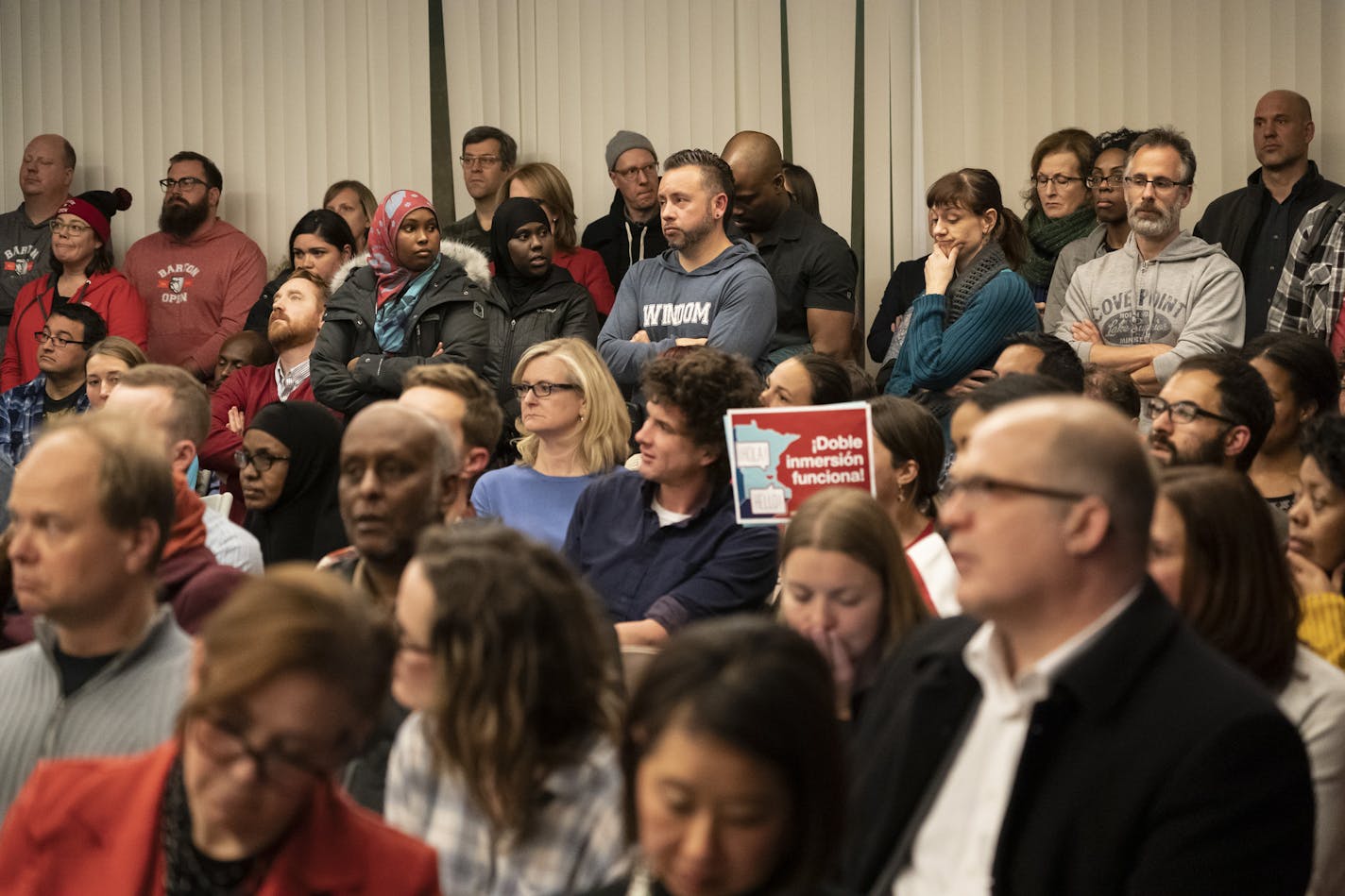 People stood in the back of the room when an overflow crowd attended the Minneapolis School Board meeting in Minneapolis, Minn., Tuesday, January 14, 2020. Many parents attended to voice their concerns about the district's strategic plan. ] RENEE JONES SCHNEIDER &#x2022; renee.jones@startribune.com