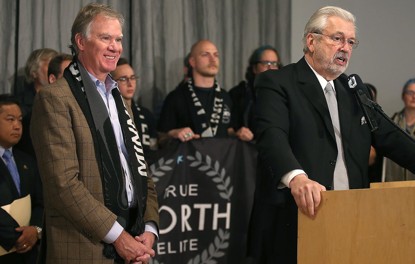 Bill McGuire, owner of the Minnesota United Football Club, and St. Paul Mayor Chris Coleman answered questions during a press conference in October.