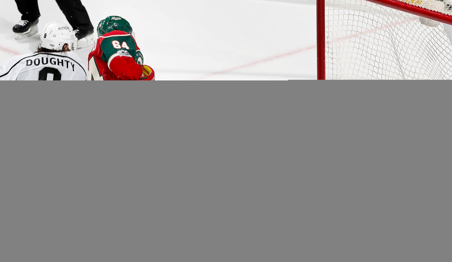 The Wild's Mikael Granlund shot the puck past Kings goalie Jonathan Quick 12 seconds into overtime to give Minnesota a 5-4 victory. ] CARLOS GONZALEZ � cgonzalez@startribune.com - February 27, 2017, St. Paul, MN, Xcel Energy Center, NHL, Hockey, Los Angeles Kings at Minnesota Wild