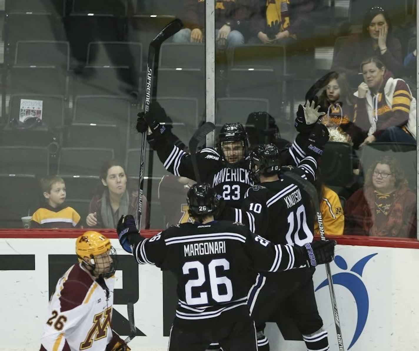 In front of empty seats, Mankato forward Teddy Blueger (23) was congratulated by teammates Zeb Knutson (10) and Dylan Margonari (26) during last year's North Star Cup.