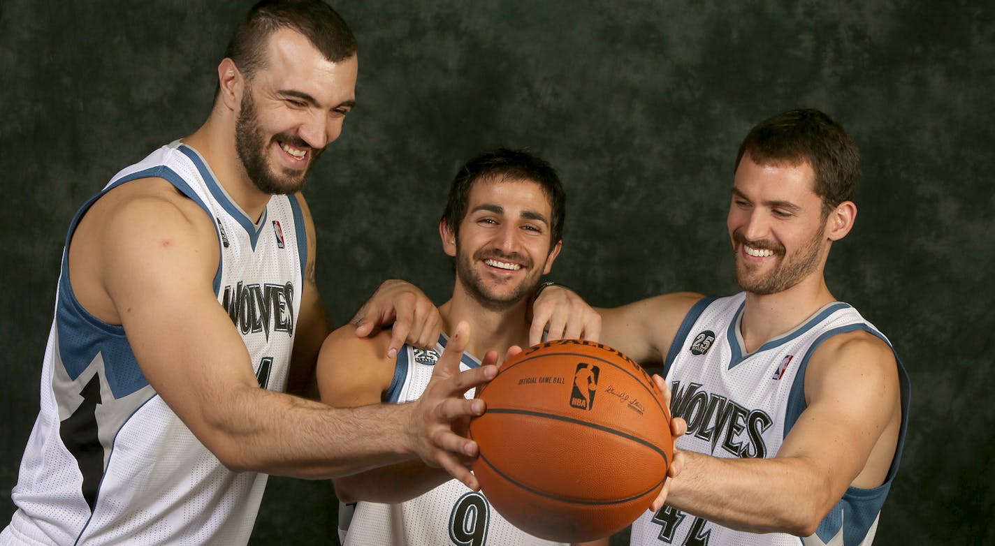 Minnesota Timberwolves' Nikola Pekovic, left, Ricky Rubio, center, and Kevin Love made the best of their photo shoots during Media Day at the Target Center, Monday, September 30, 2013 in Minneapolis, MN. (ELIZABETH FLORES/STAR TRIBUNE) ELIZABETH FLORES &#x2022; eflores@startribune.com