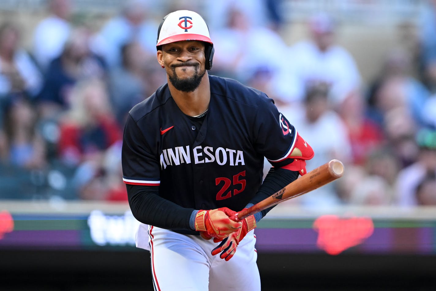 Twins designated hitter Byron Buxton reacts after hitting a fly ball Tuesday. Buxton has appeared in 55 games this season but not one of them while wearing an outfielder's glove.