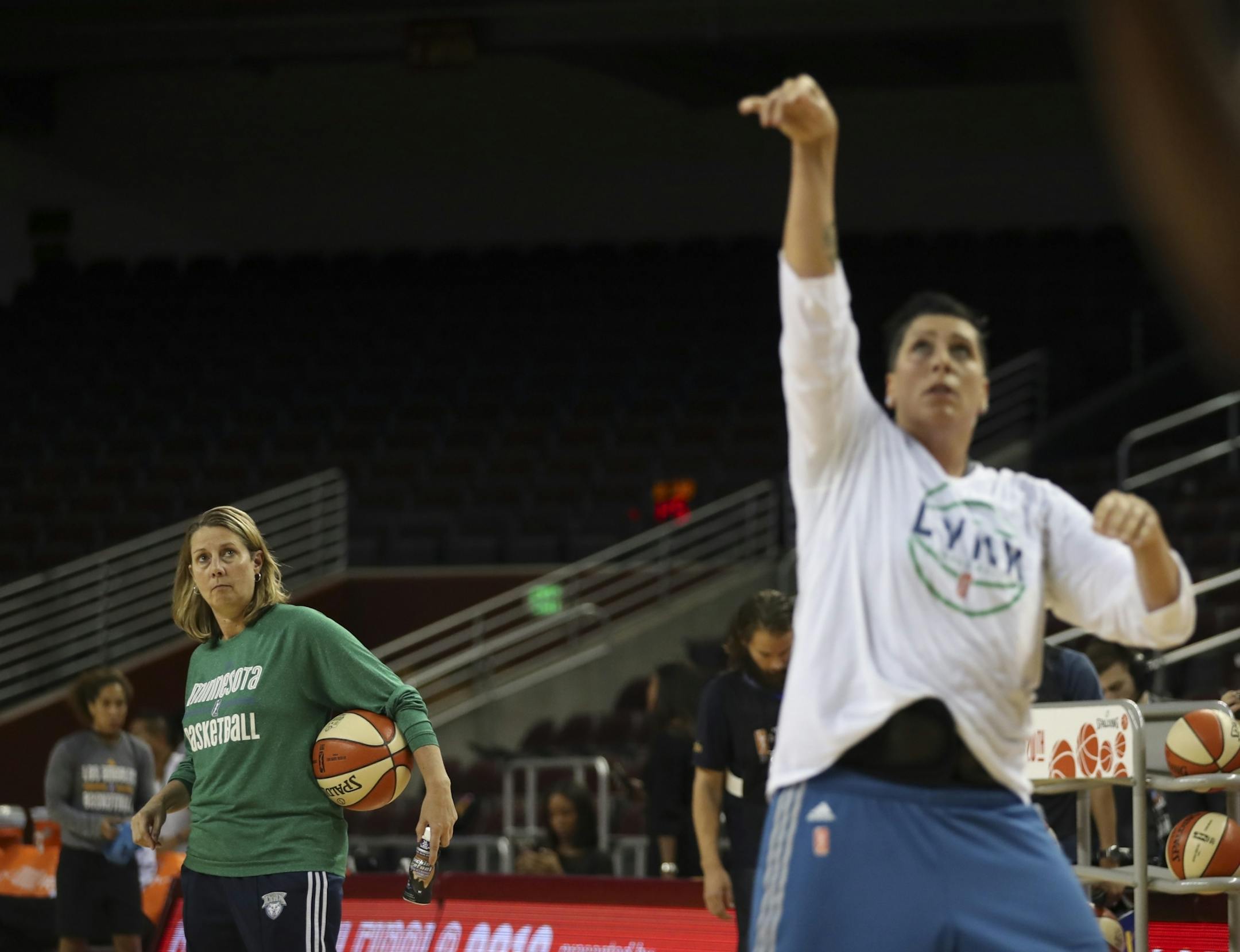 Minnesota Lynx head coach Cheryl Reeve watched as Lynx center Janel McCarville warmed up before Friday night's game at the Galen Center in Los Angeles.