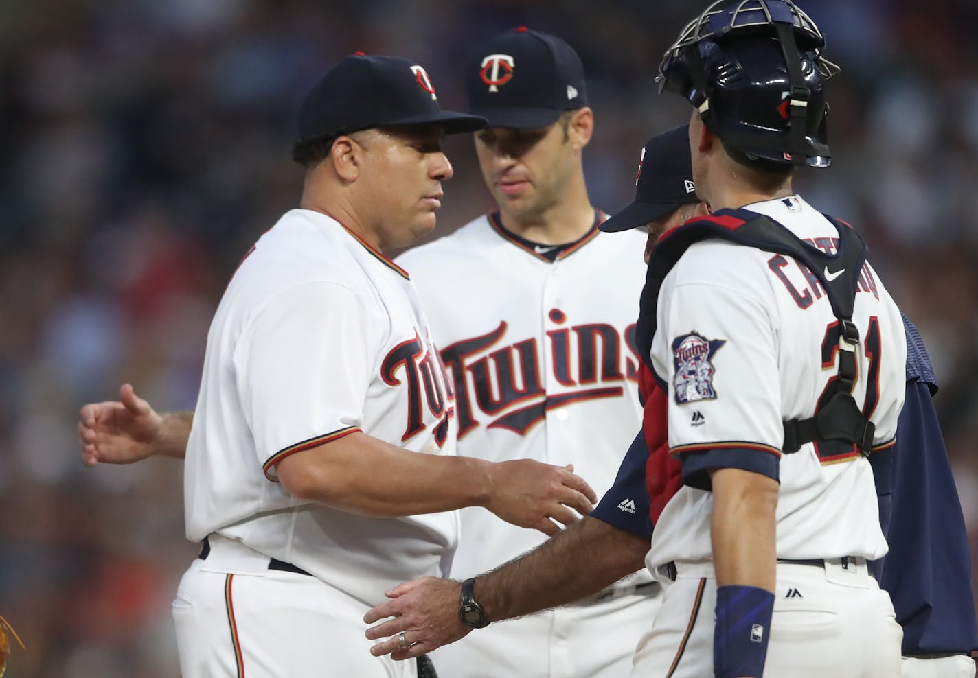 Twins starting pitcher Bartolo Colon left the game in the fifth inning