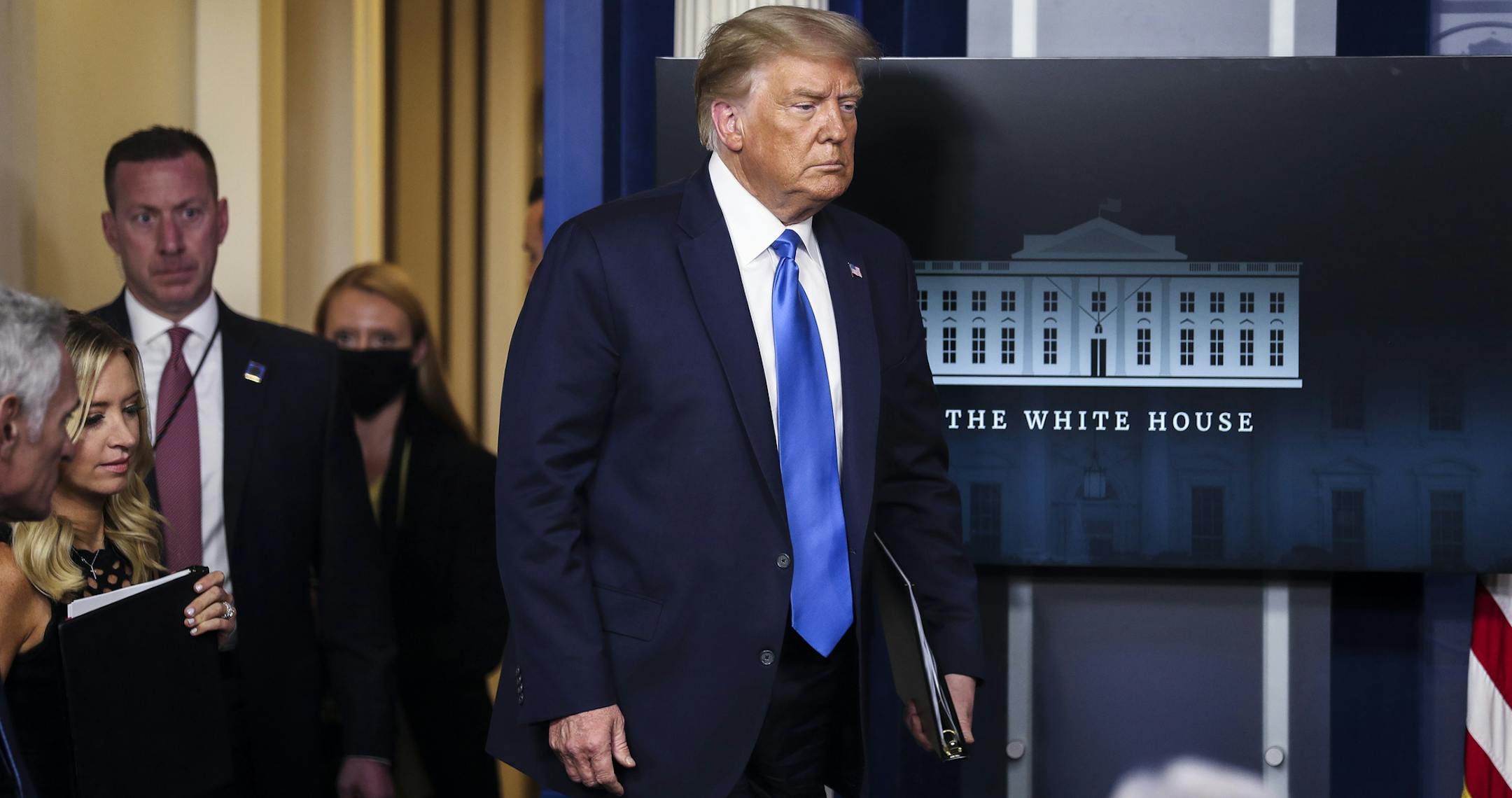 President Donald Trump arrives for a press briefing at the White House in Washington, Sept. 23, 2020. Trump declined an opportunity on Wednesday to endorse a peaceful transfer of power after the November election, renewing his baseless warnings about extensive voting fraud before saying there would be no power transfer at all. (Oliver Contreras/The New York Times)