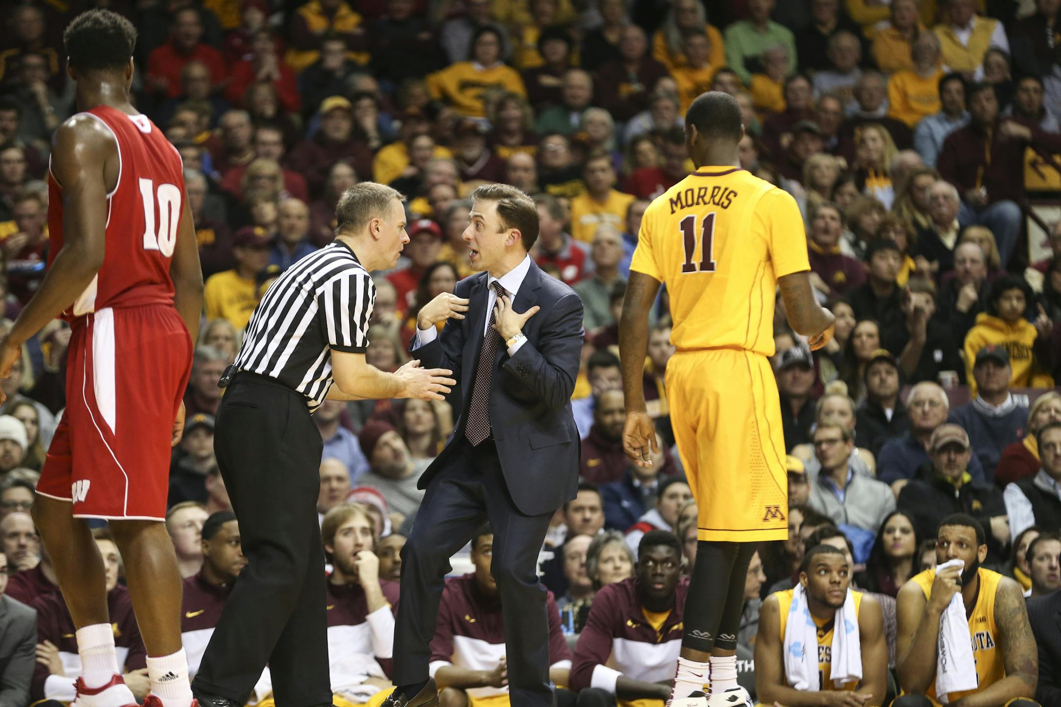 Gophers head coach Richard Pitino argued over a call with a ref during the second half. ] RENEE JONES SCHNEIDER • reneejones@startribune.com The Minnesota Gophers played the Wisconsin Badgers at Williams Arena on Thursday, March 5, 2015 at the University of Minnesota in Minneapolis, Minn.