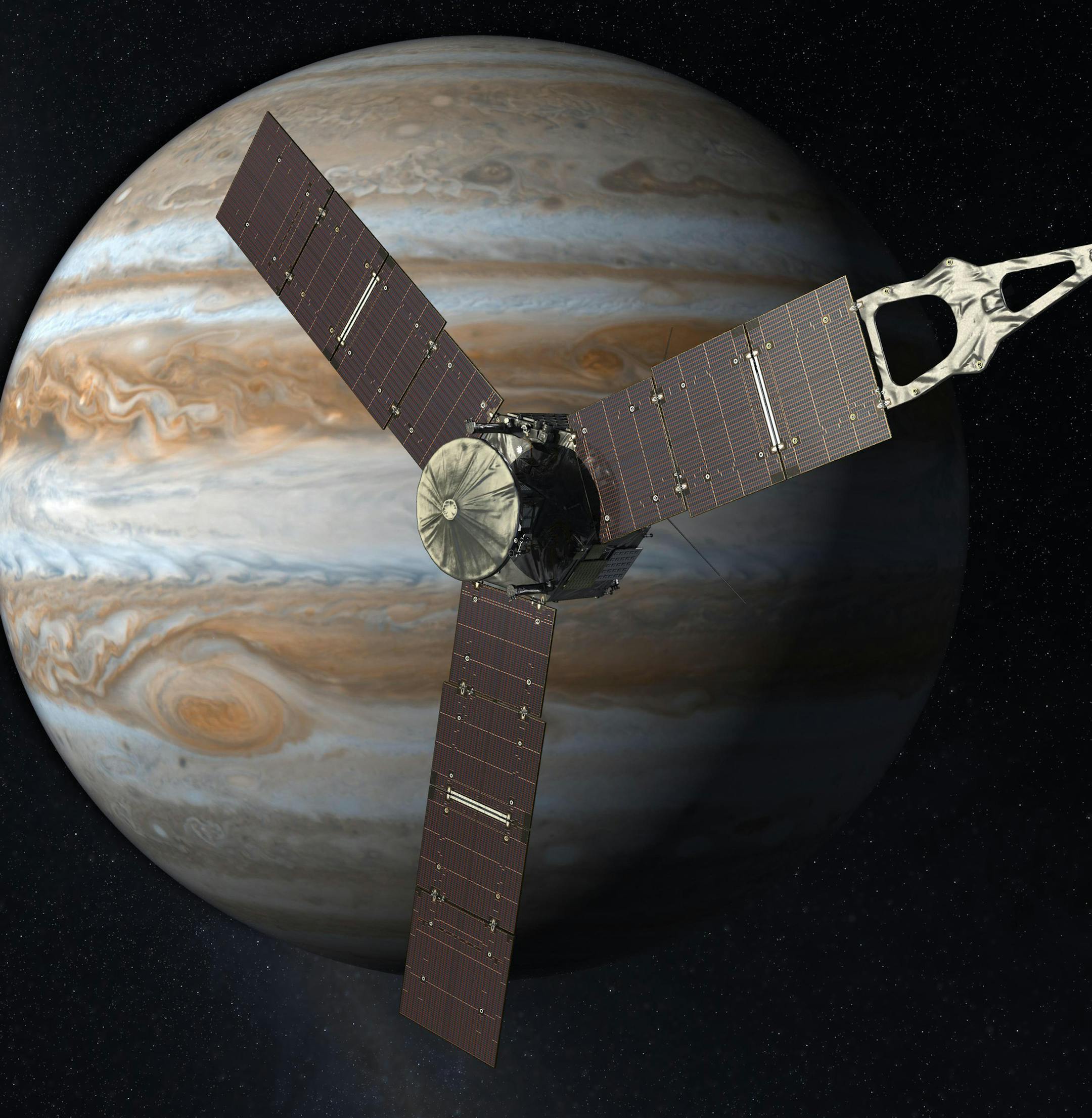 FILE - This 2010 artist's rendering depicts NASA's Juno spacecraft with Jupiter in the background. NASA's Jupiter-bound spacecraft will swing by Earth for one last visit Wednesday Oct. 9, 2013 before speeding to the outer solar system. Wednesday's flyby allows the Juno spacecraft to gather the momentum it needs to arrive at Jupiter in 2016. (AP Photo/NASA/JPL, File)