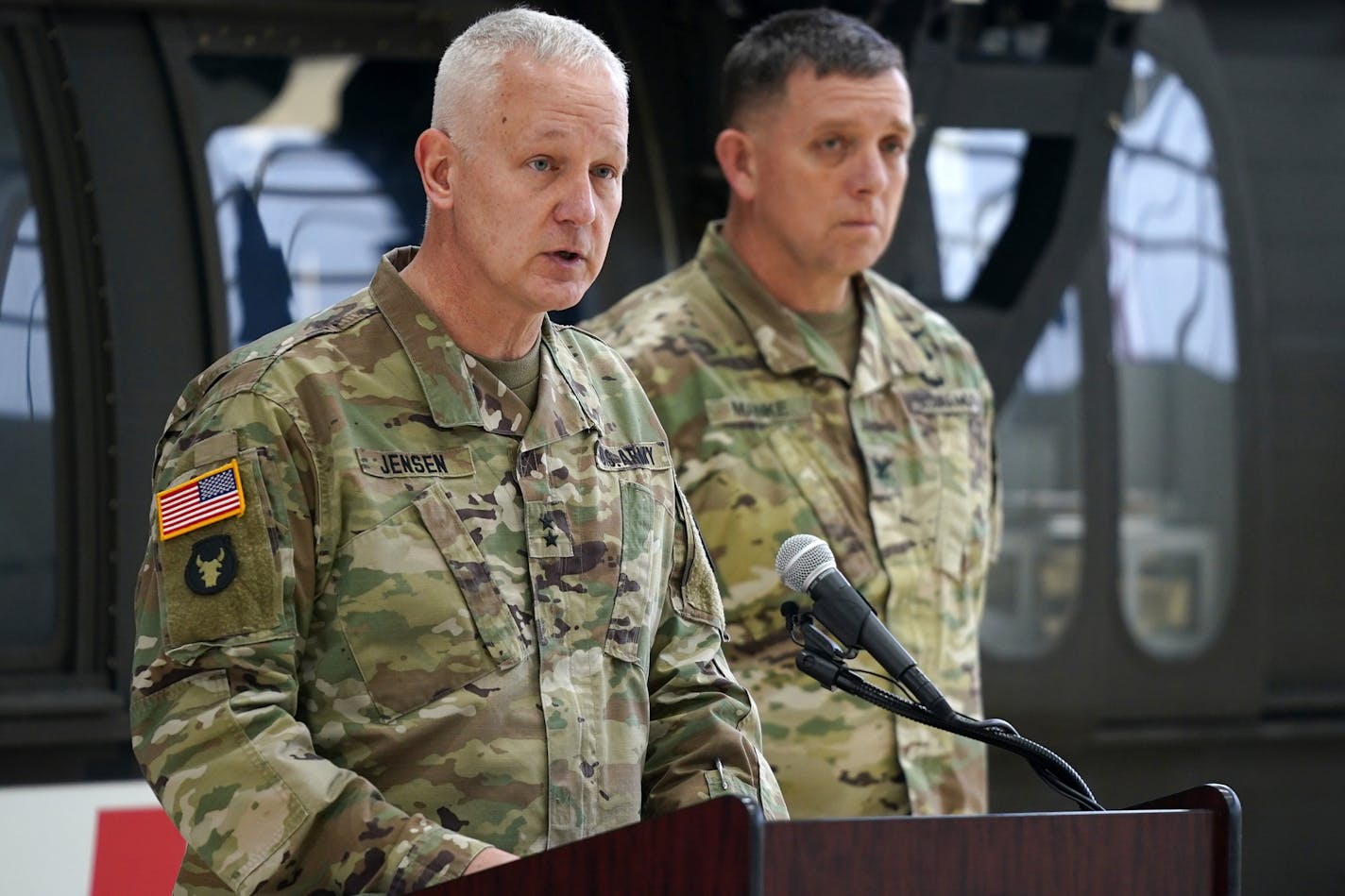 Maj. Gen. Jon Jensen spoke as Col. Shawn Manke stood with him during Saturday's press conference.