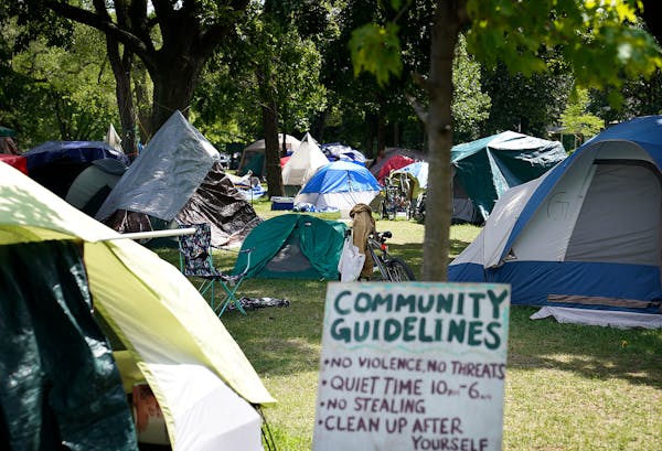 A homeless encampment in Minneapolis’ Powderhorn Park, photographed in July 2020.