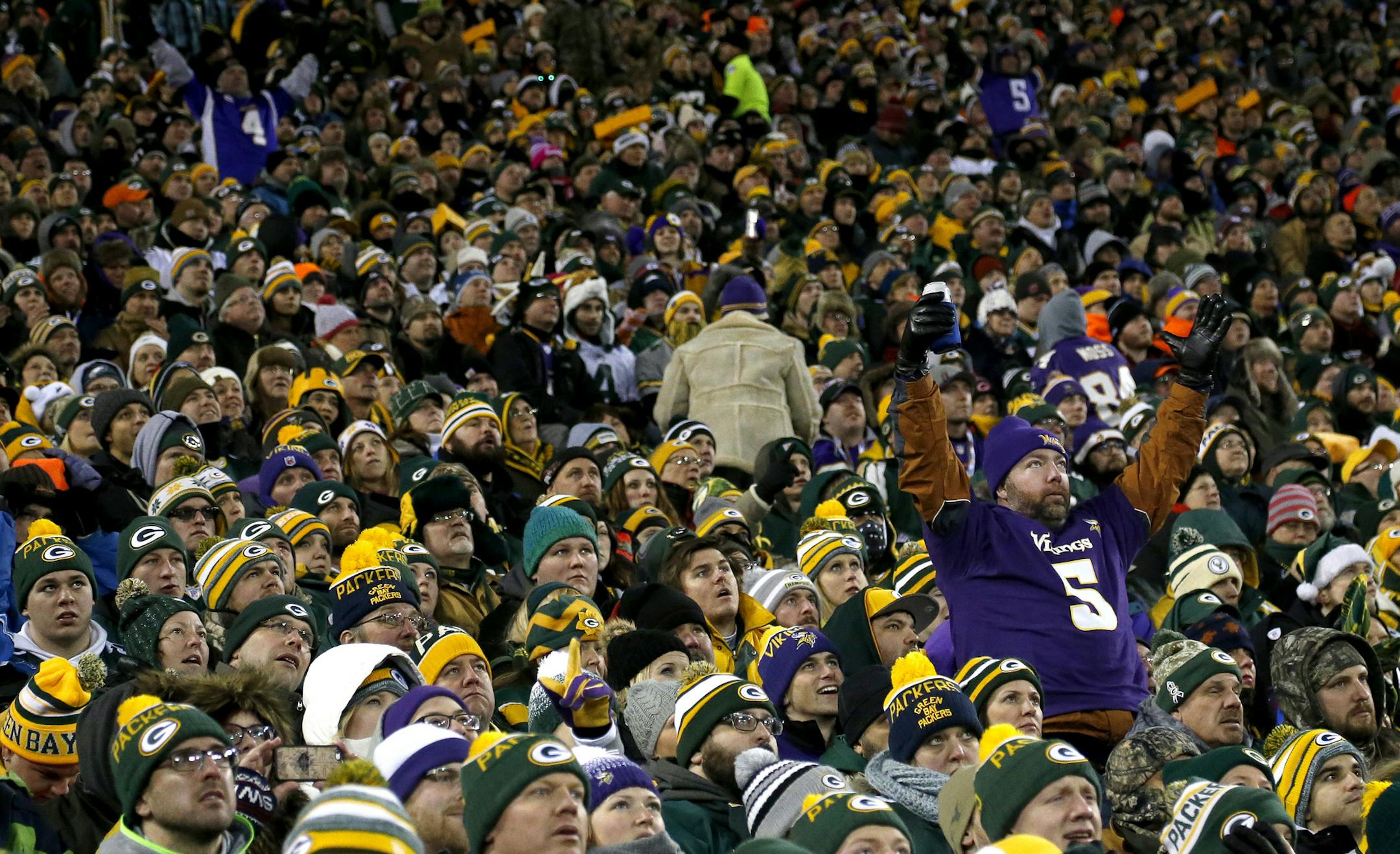 A Vikings fan reacted to a touchdown by Captain Munnerlyn that was reviewed and upheld by referees against the Packers at Lambeau Field in January 2016.
