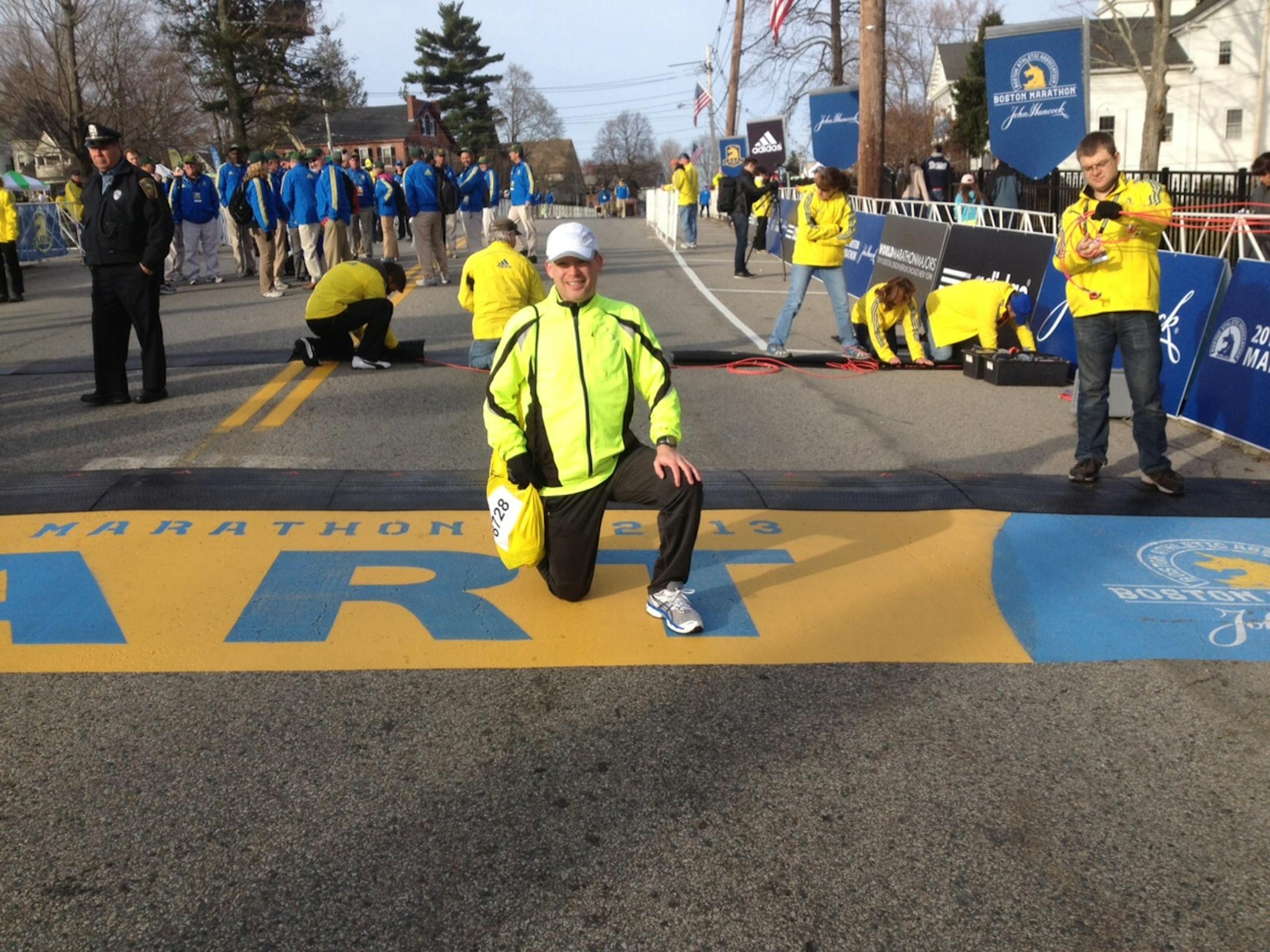 Kevin Schooler, of Plymouth, at the start of Monday's Boston Marathon.