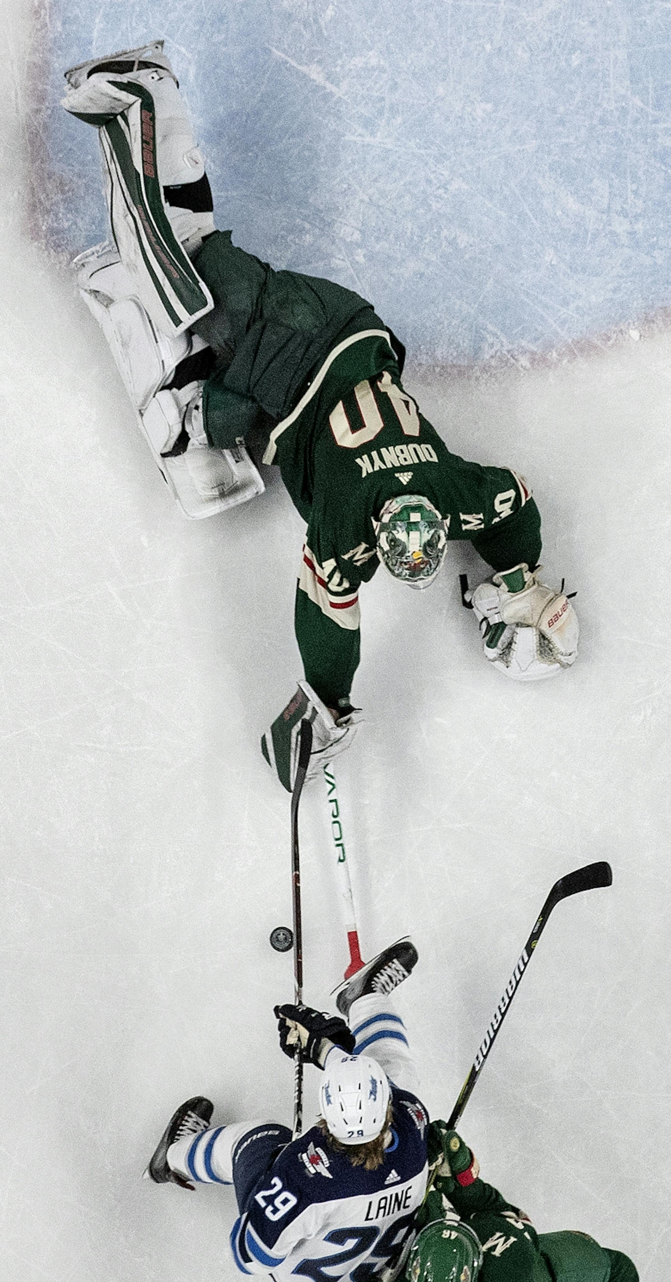 Minnesota Wild goalie Devan Dubnyk made a save in the third period.