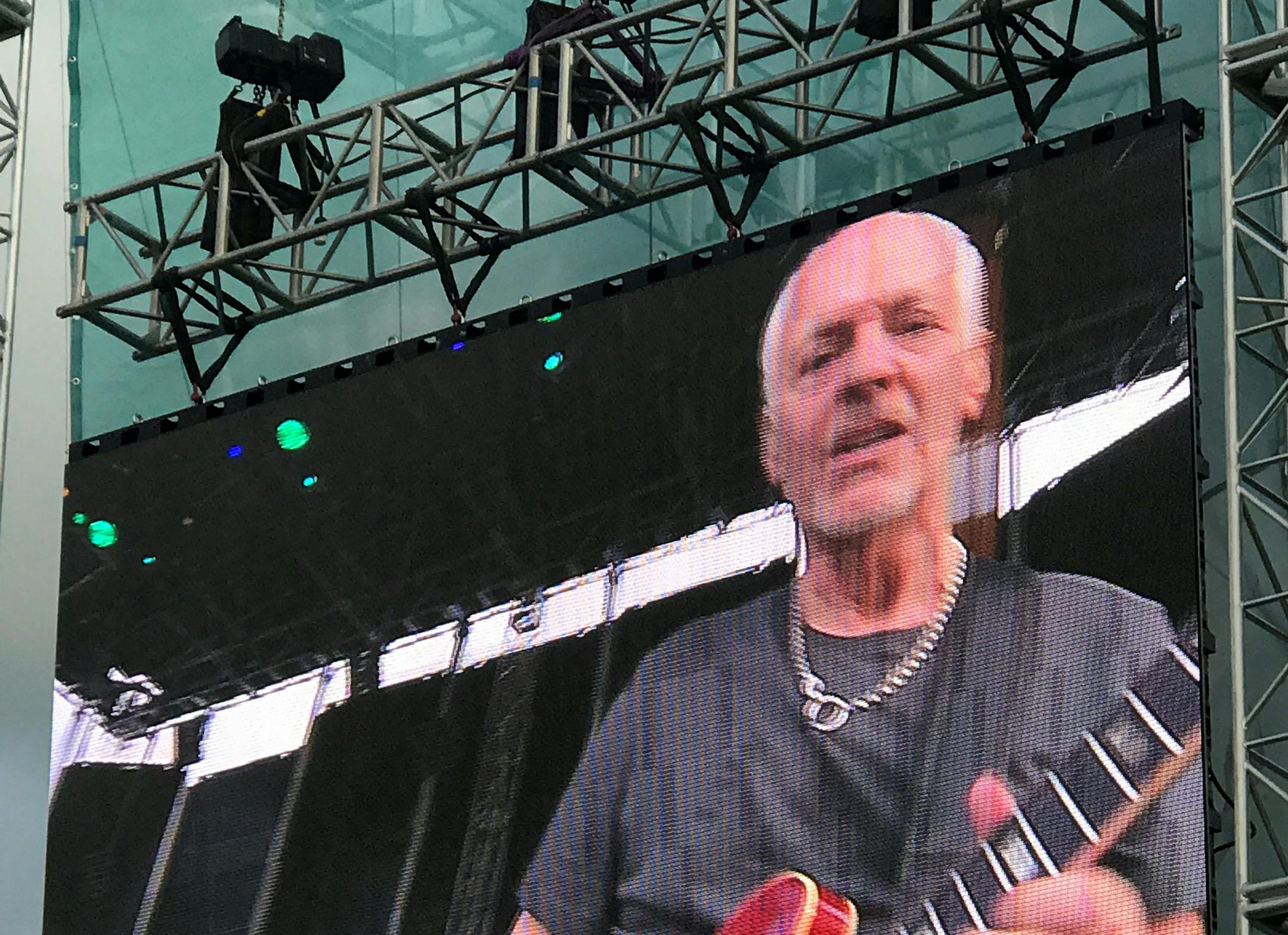 Peter Frampton is shown on the video screen during his concert at Treasure Island Casino in Red Wing, shortly before he walked offstage in annoyance.