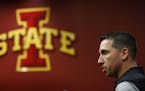 Iowa State head NCAA college football coach Matt Campbell speaks during his weekly news conference, Monday, Oct. 23, 2017, in Ames, Iowa. A week after