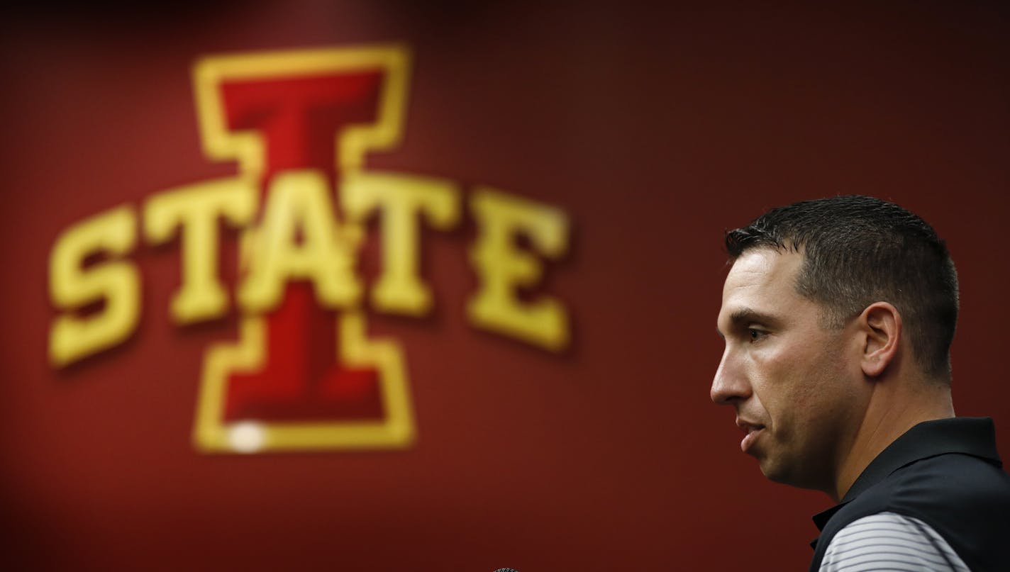 Iowa State head NCAA college football coach Matt Campbell speaks during his weekly news conference, Monday, Oct. 23, 2017, in Ames, Iowa. A week after 23rd-ranked Iowa State struggled to beat Army at home in September of 2005, it quietly slipped out of the Top 25. Few knew it would take a dozen years _ and three different head coaches _ for the Cyclones to finally return to the rankings. (AP Photo/Charlie Neibergall)