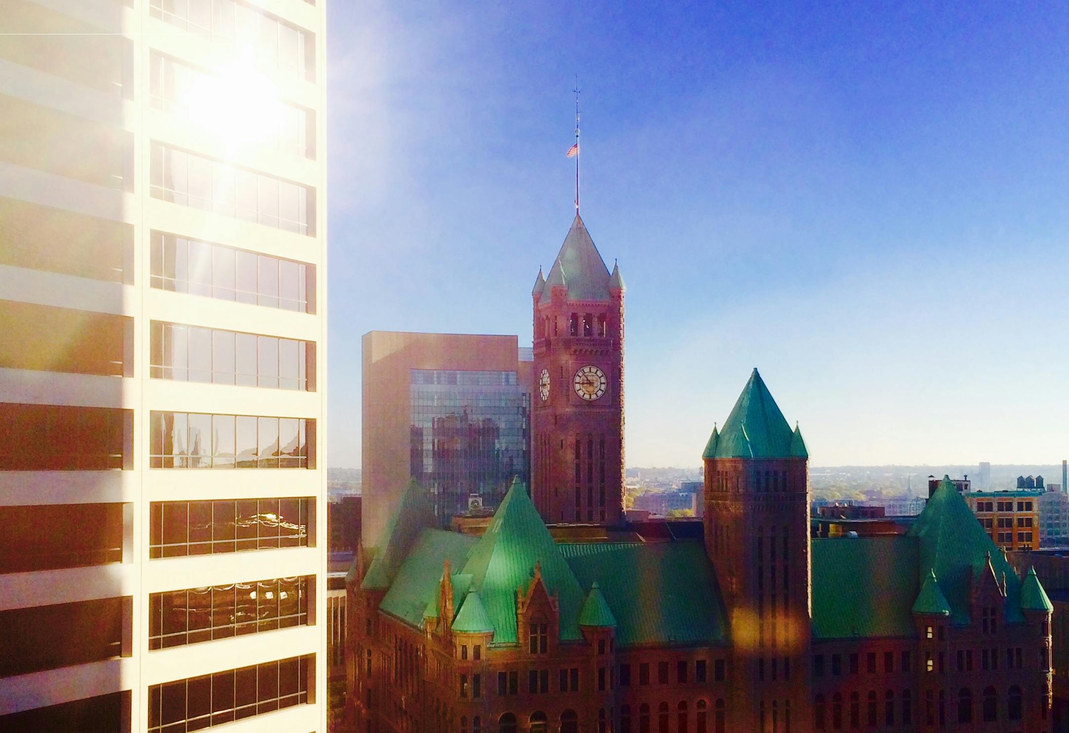 A cloudless sky let the sun shine in Sunday in downtown Minneapolis.