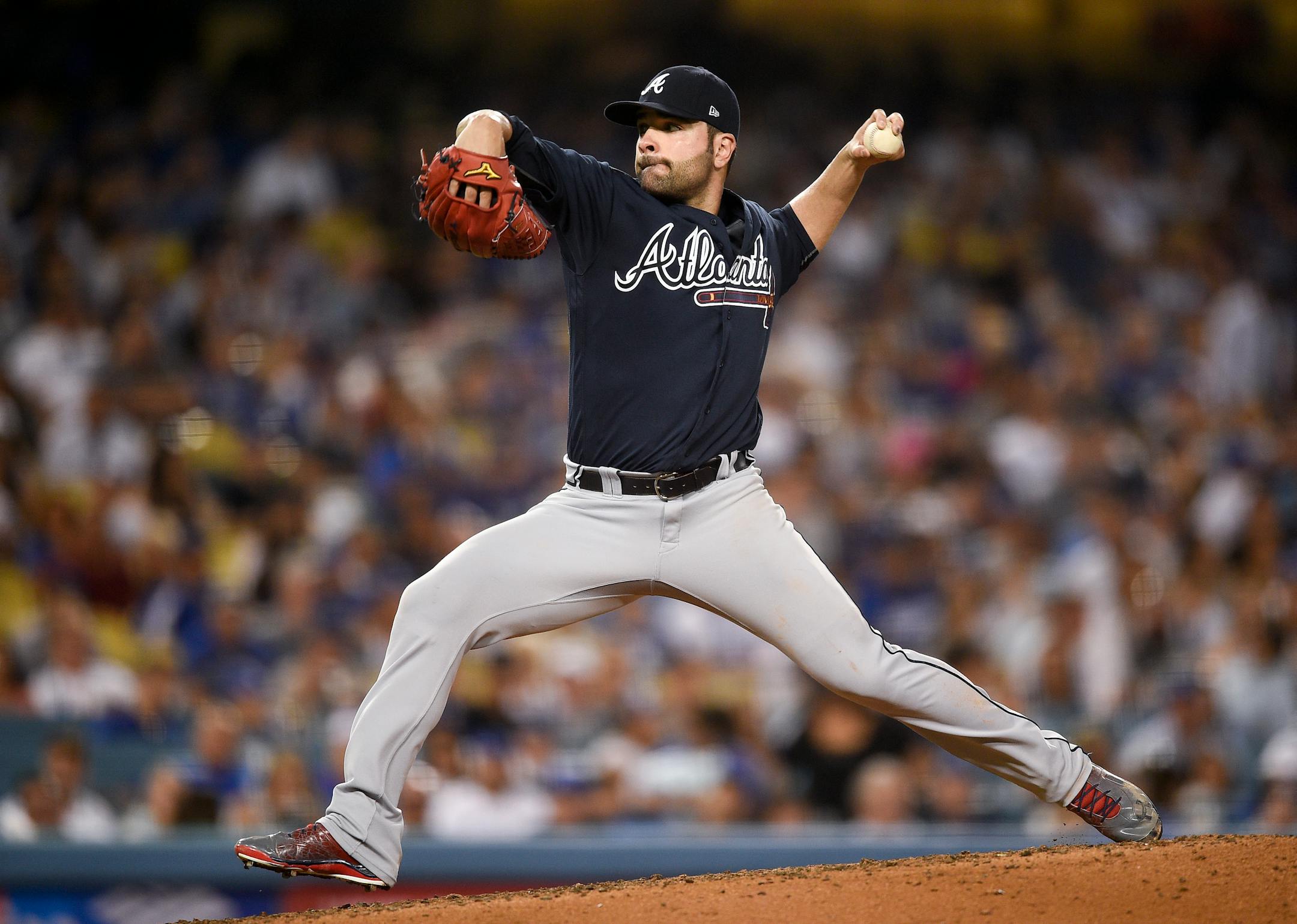 Atlanta Braves starting pitcher Jaime Garcia pitches during the fifth inning of a baseball game against the Los Angeles Dodgers in Los Angeles, Friday, July 21, 2017. (AP Photo/Kelvin Kuo)