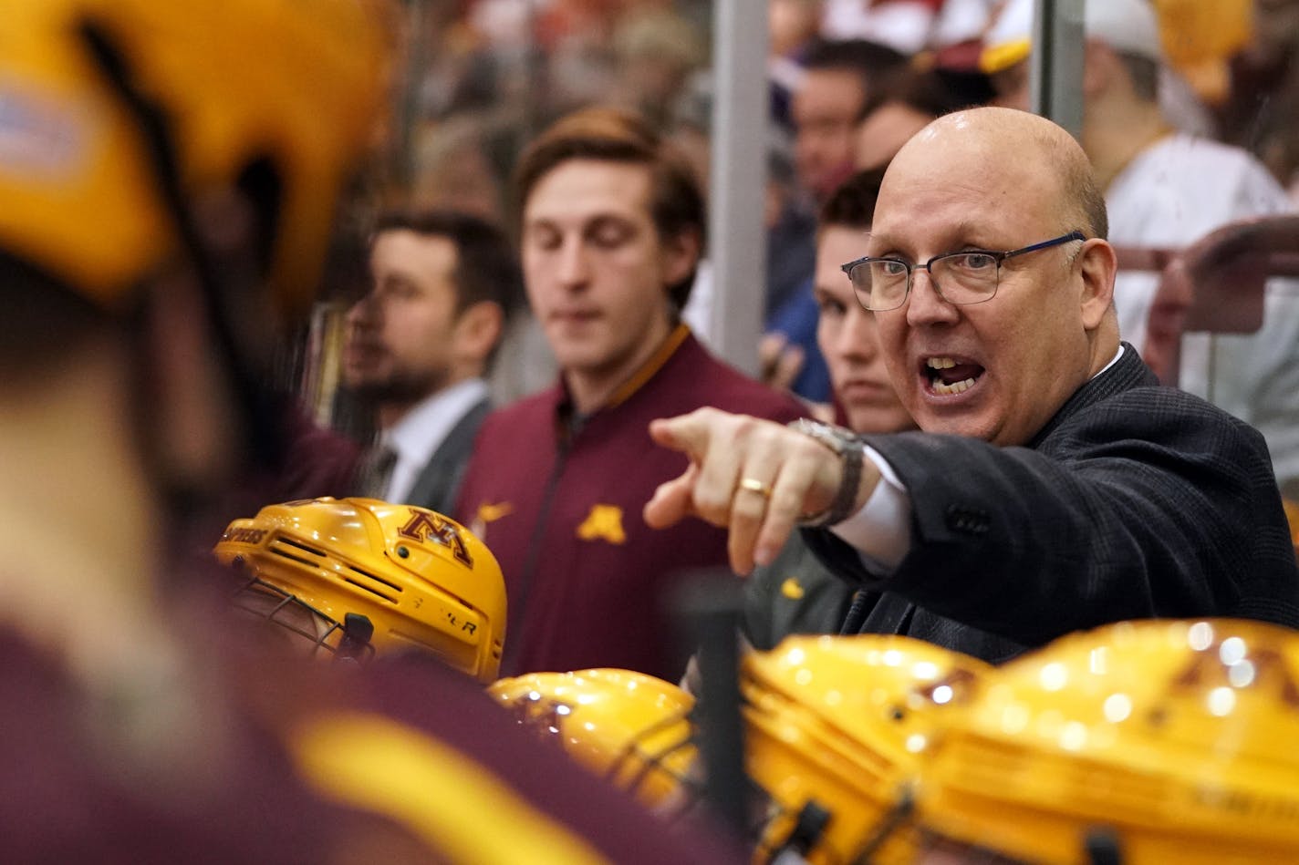 Minnesota Golden Gophers head coach Bob Motzko shouted to his players in the first period. ] ANTHONY SOUFFLE • anthony.souffle@startribune.com The Minnesota Golden Gophers played the Wisconsin Badgers in an NCAA hockey game Saturday, Jan. 26, 2019 at the 3M Arena at Mariucci in Minneapolis.