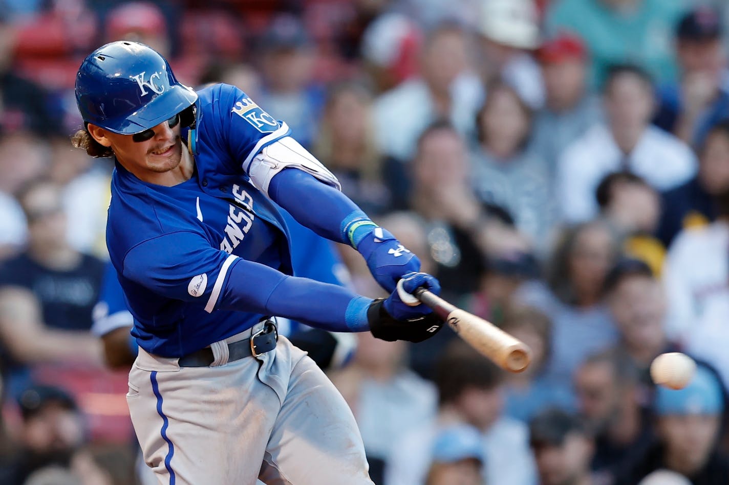 Kansas City Royals' Bobby Witt Jr. hits an RBI single during the fifth inning of a baseball game against the Boston Red Sox, Saturday, Sept. 17, 2022, in Boston. (AP Photo/Michael Dwyer)