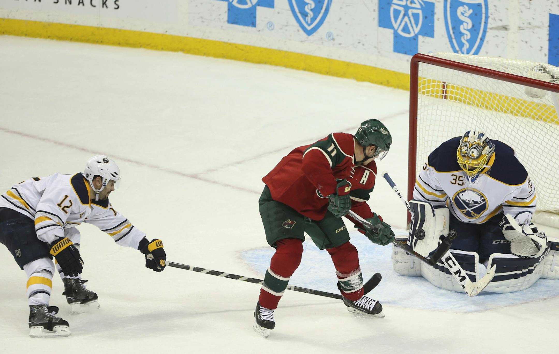 Buffalo Sabres goalie Linus Ullmark made a late third period save on a shot by Wild left wing Zach Parise earlier this month during a 3-2 loss to the sub-.500 Sabres.
