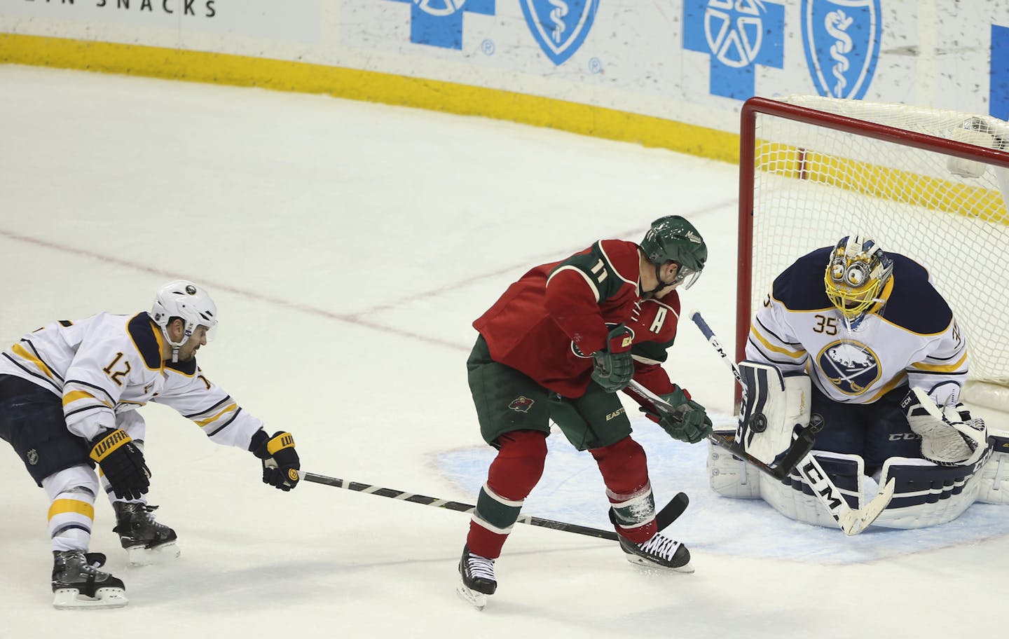 Buffalo Sabres goalie Linus Ullmark made a late third period save on a shot by Wild left wing Zach Parise earlier this month during a 3-2 loss to the sub-.500 Sabres.