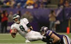 Jared Allen of the Vikings sacked Eagles quarterback Nick Foles during a 2013 game at the Metrodome.