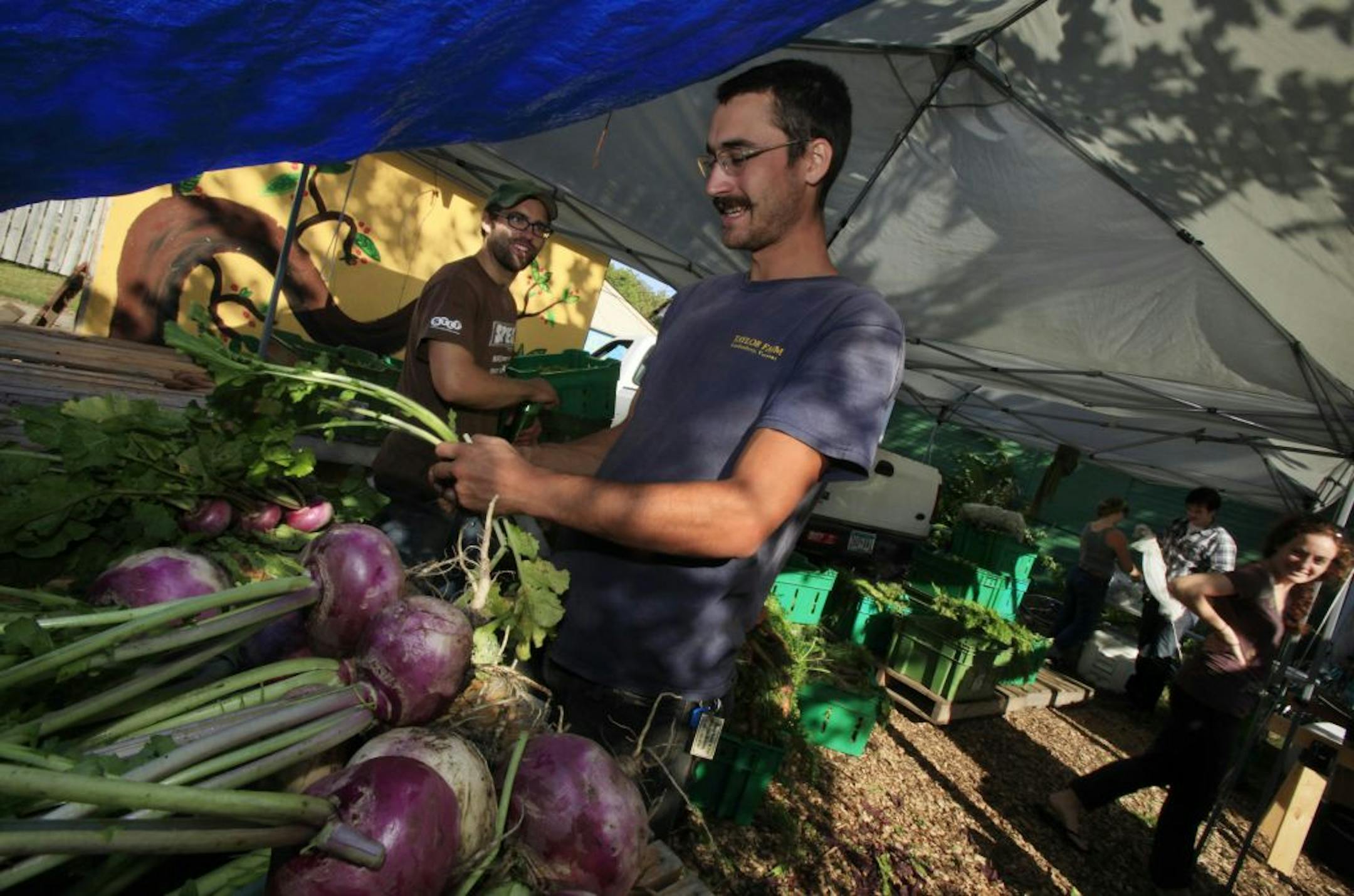 Farmers Eric Larson, left, and Alex Liebman of Stone's Throw Urban Farm process just-picked vegetables for their CSA members and the farmers market. The unconventional farm grows food on 16 vacant lots in Minneapolis and St. Paul.