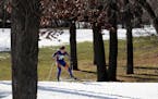 A young skier traversed the course at Thoedore Wirth Park as patches of grass from unseasonably warm weather can be seen.