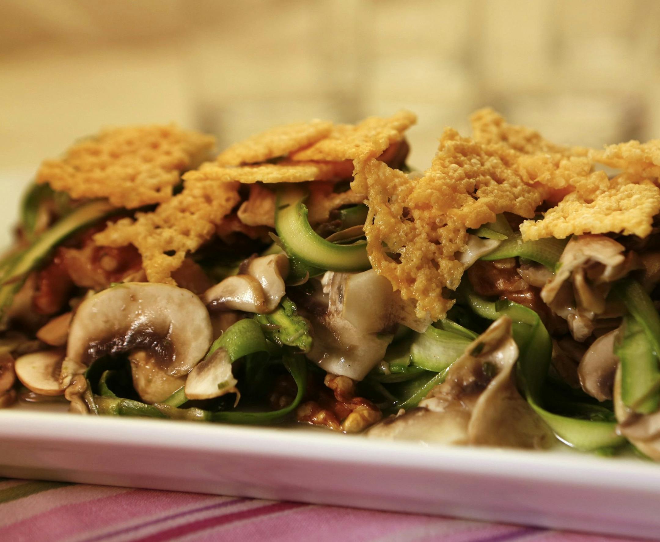 Shaved asparagus with mushrooms and Parmesan crumble is a favorite aspargus-inspired dish. (Anne Cusack/Los Angeles Times/MCT) ORG XMIT: 1150101