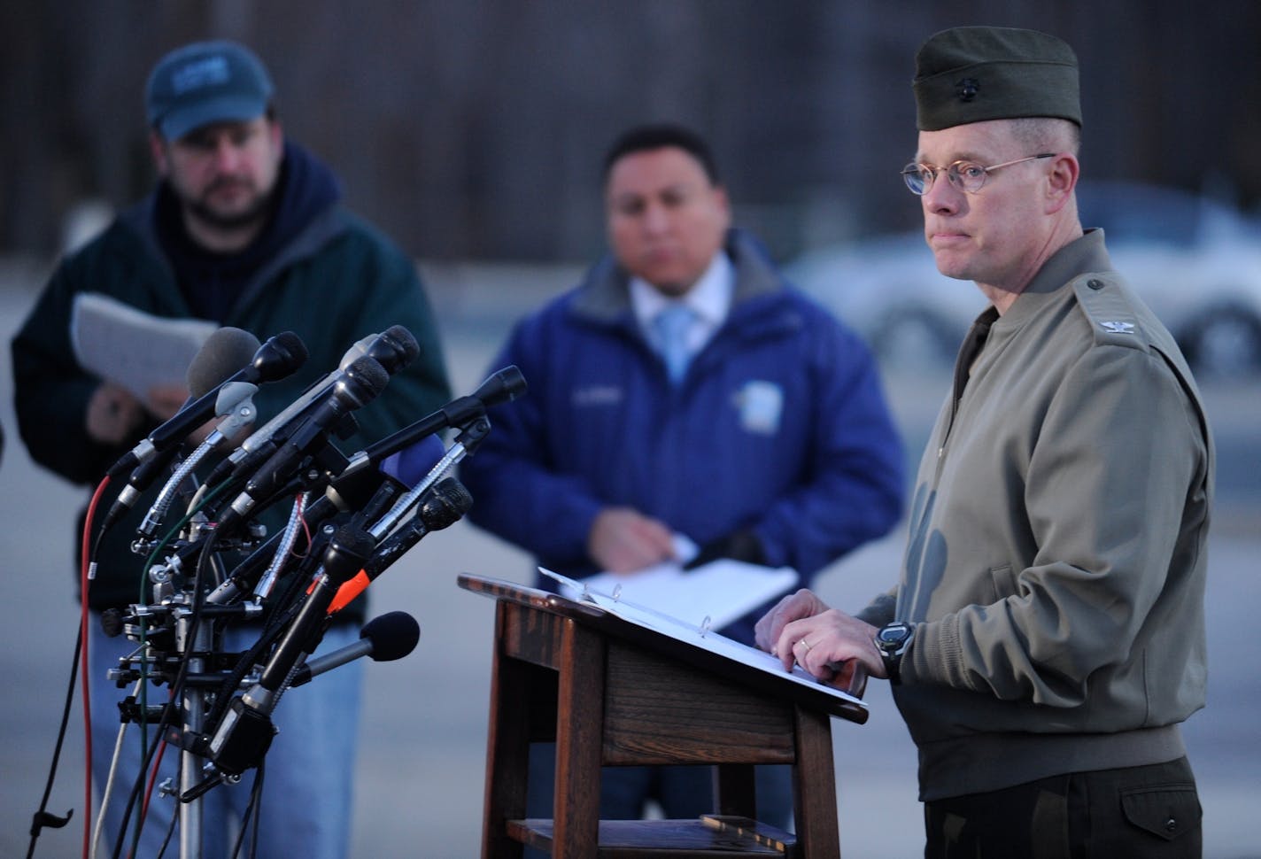 Col. David W. Maxwell holds a press conference at the Marine Corps Museum in Quantico, Va., on Friday, March 22, 2013 regarding a murder/suicide that occurred on Thursday night that resulted in the deaths of three Marines. A Marine killed a male and female colleague in a shooting at a base in northern Virginia before killing himself, officials said early Friday.