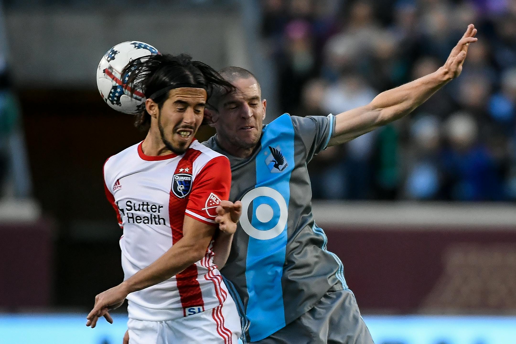 Minnesota United midfielder Sam Cronin and San Jose midfielder Jahmir Hyka battled for a header last month.