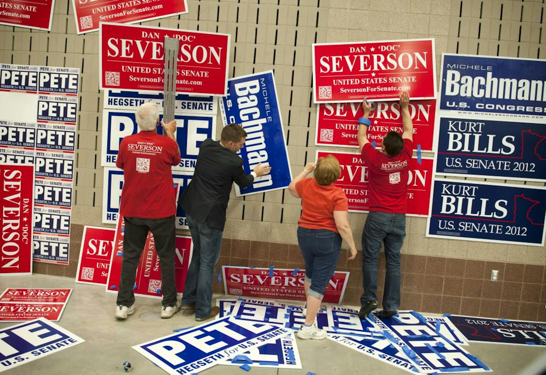 No convention would be complete without campaign workers. On this wall, they posted signs for GOP Senate hopefuls Kurt Bills, Pete Hegseth and Dan Severson, and for U.S. Rep. Michele Bachmann, who is running for re-election.
