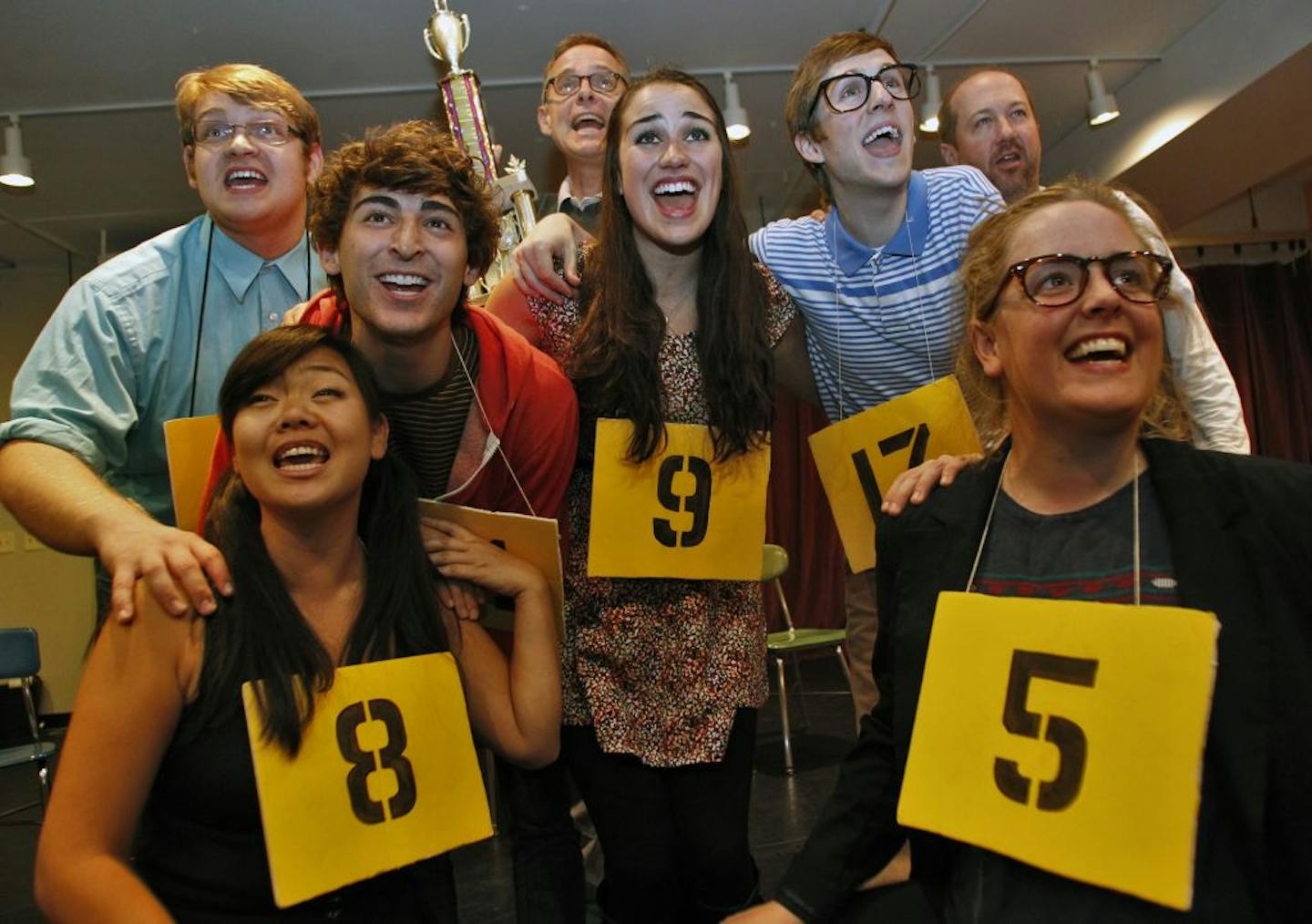 "The 25th Annual Putnam County Spelling Bee" by Theater Latte Da. In the foreground, Sheena Janson (8) and Mary Fox (5). Behind them, from left, Joseph R. Pyfferoen, Alan Bach, Tod Petersen, Cat Brindisi, Derek Prestly and Brian Frutiger.