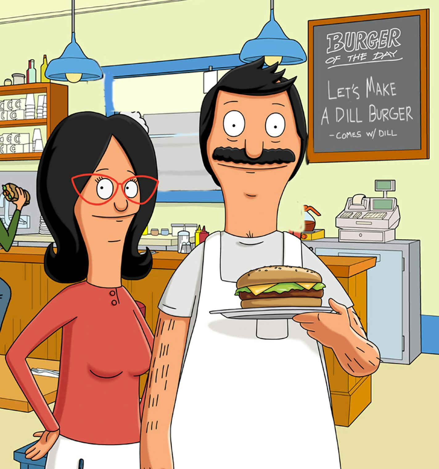 In this TV publicity image released by Fox, Linda Belcher, left, voiced by John Roberts, and Bob Belcher, voiced by H. Jon Benjamin are shown in a scene from the animated series, "Bob's Burgers." (AP Photo/Fox) NO SALES