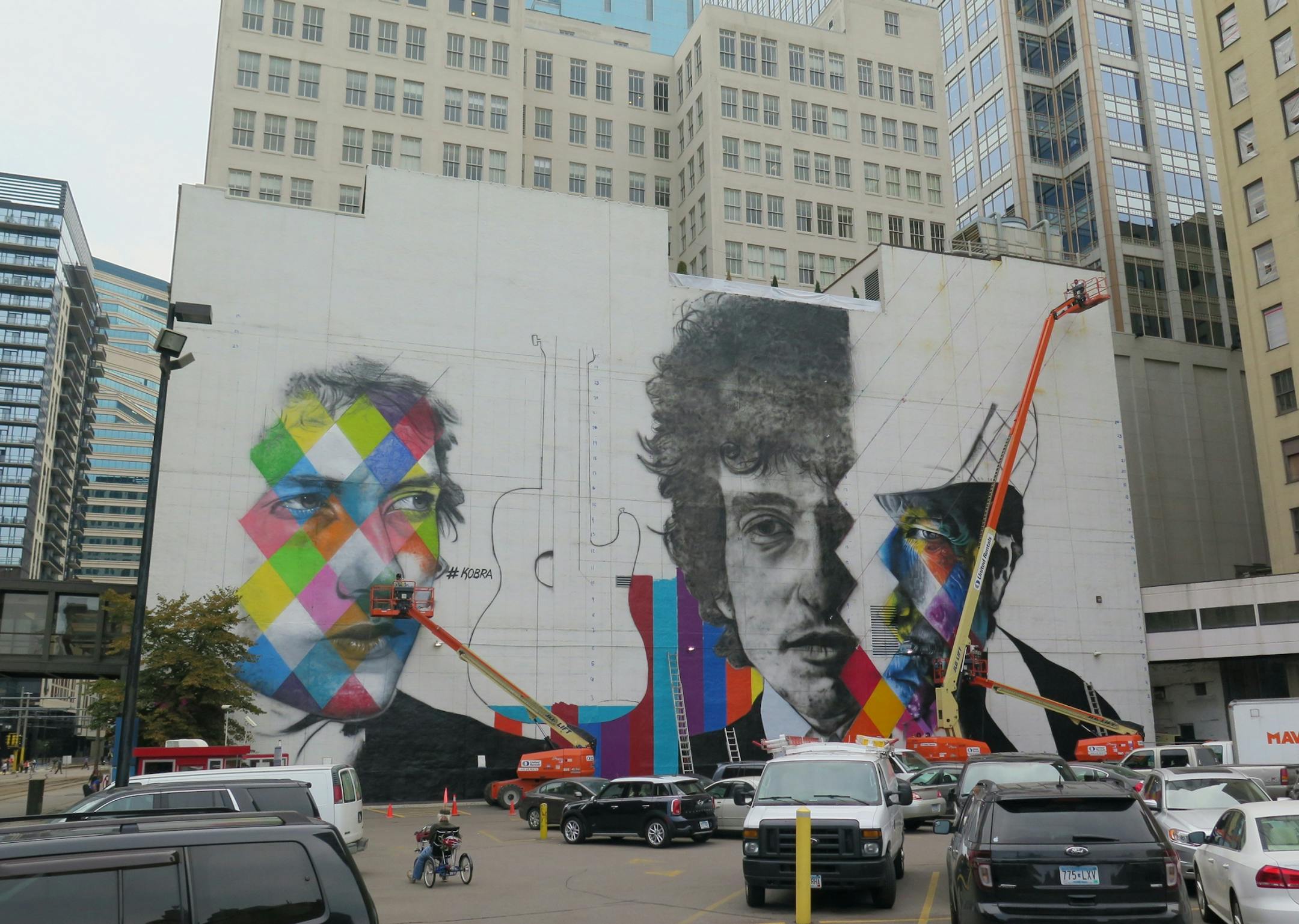 The blank white wall facing the corner of 5th and Hennepin Ave shot Saturday August 29, 2015. The 'canvas' for a mural by Brazillian artist Kobra- with multiple images of Bob Dylan.