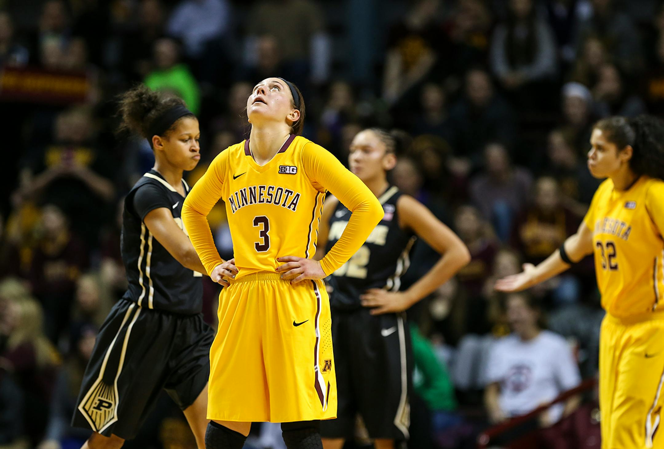 Gophers Shayne Mullaney (3) appeared frustrated during the second half. ] RENEE JONES SCHNEIDER • reneejones@startribune.com Minnesota Gophers women's basketball verse. Purdue Boilermakers at Williams Arena at the University of Minnesota on Thursday, January 22, 2015 in Minneapolis, Minn.