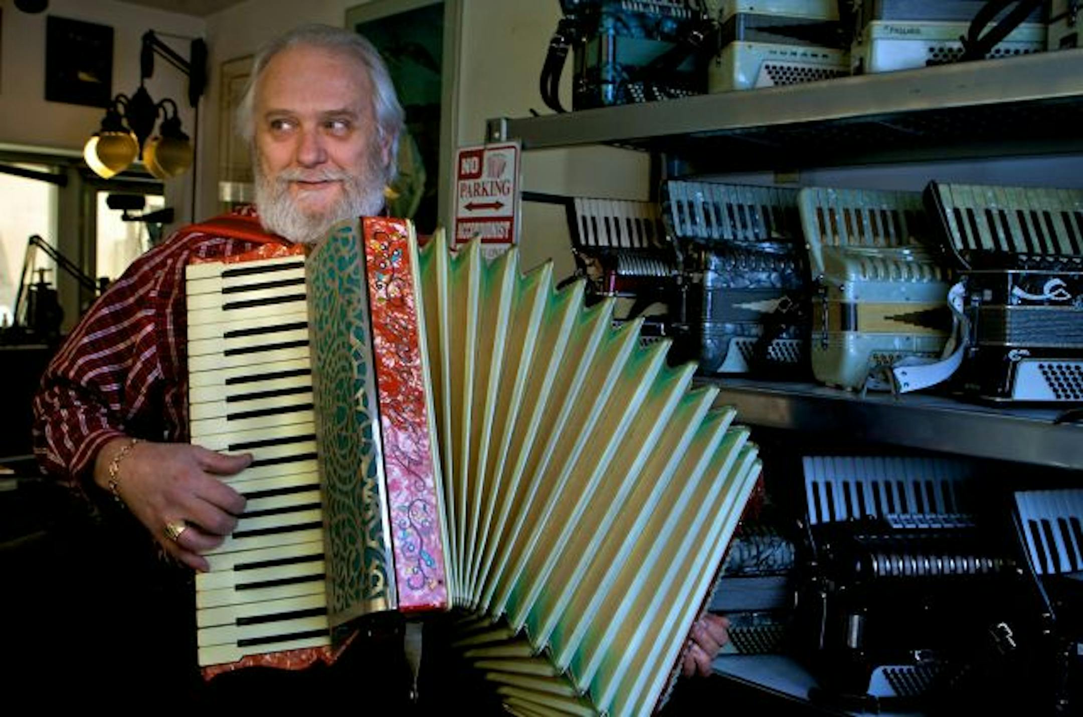 Randy McPeck, owner of Castle Accordion/Jewelry in Minneapolis, started out making custom jewelry in an old White Castle building, but found that the accordion business gives him a steady income.