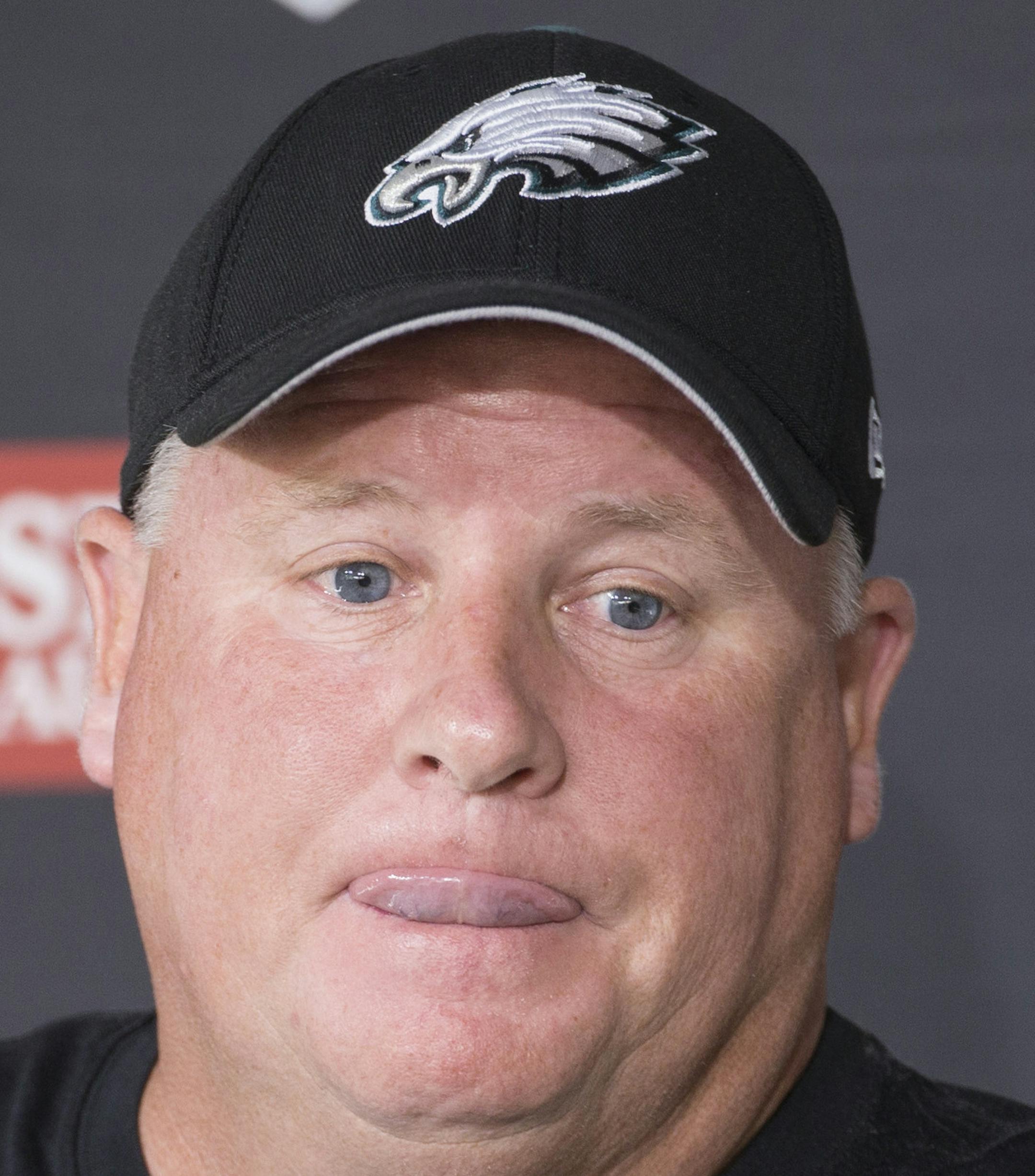 Philadelphia Eagles head coach Chip Kelly takes questions from the media during practice at NFL football training camp, Sunday, Aug. 2, 2015, in Philadelphia. (AP Photo/Chris Szagola)
